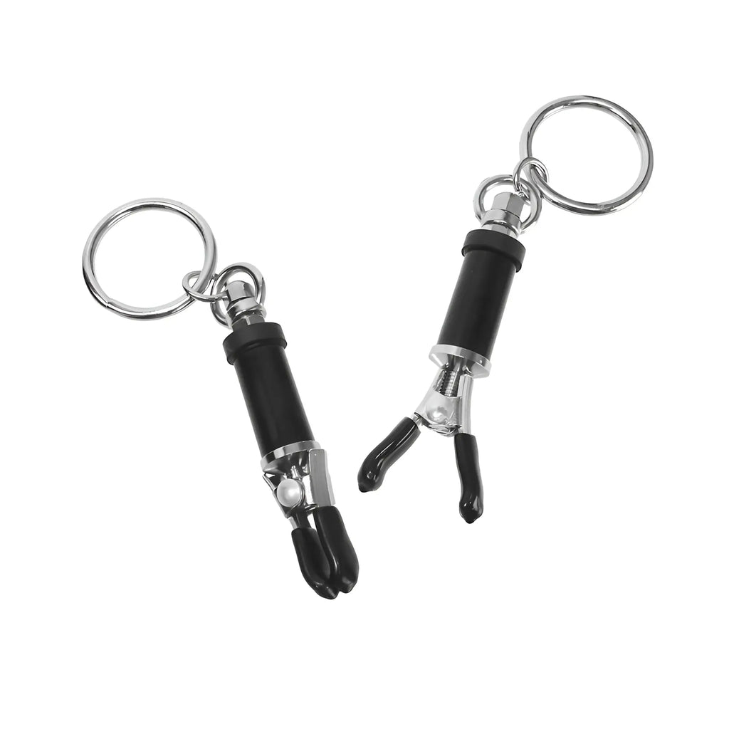 Master Series Ringed Barrel Nipple Clamps: two silver and black metal clamps with rings and adjustable barrels.
