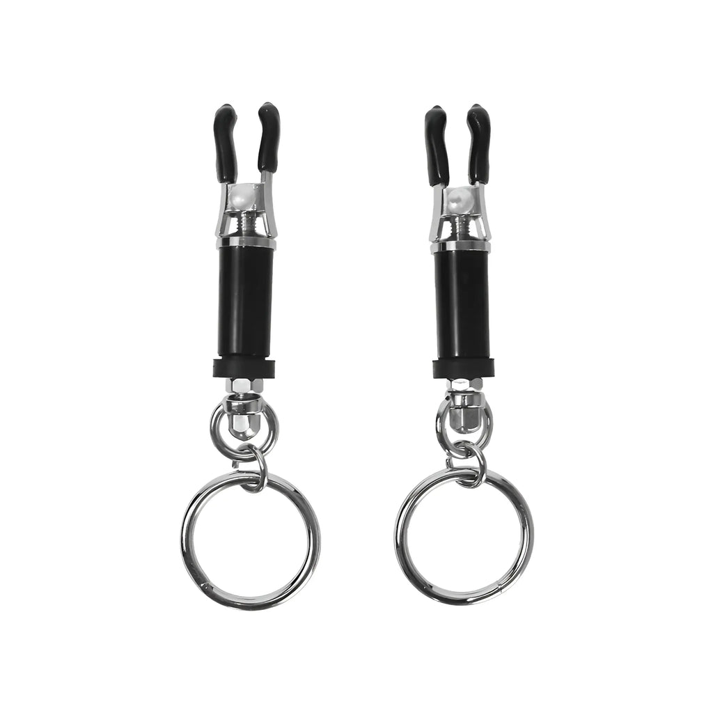 Master Series Ringed Barrel Nipple Clamps: two black and silver adjustable metal clamps with dangling silver rings.