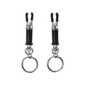Master Series Ringed Barrel Nipple Clamps: two black and silver adjustable metal clamps with dangling silver rings.
