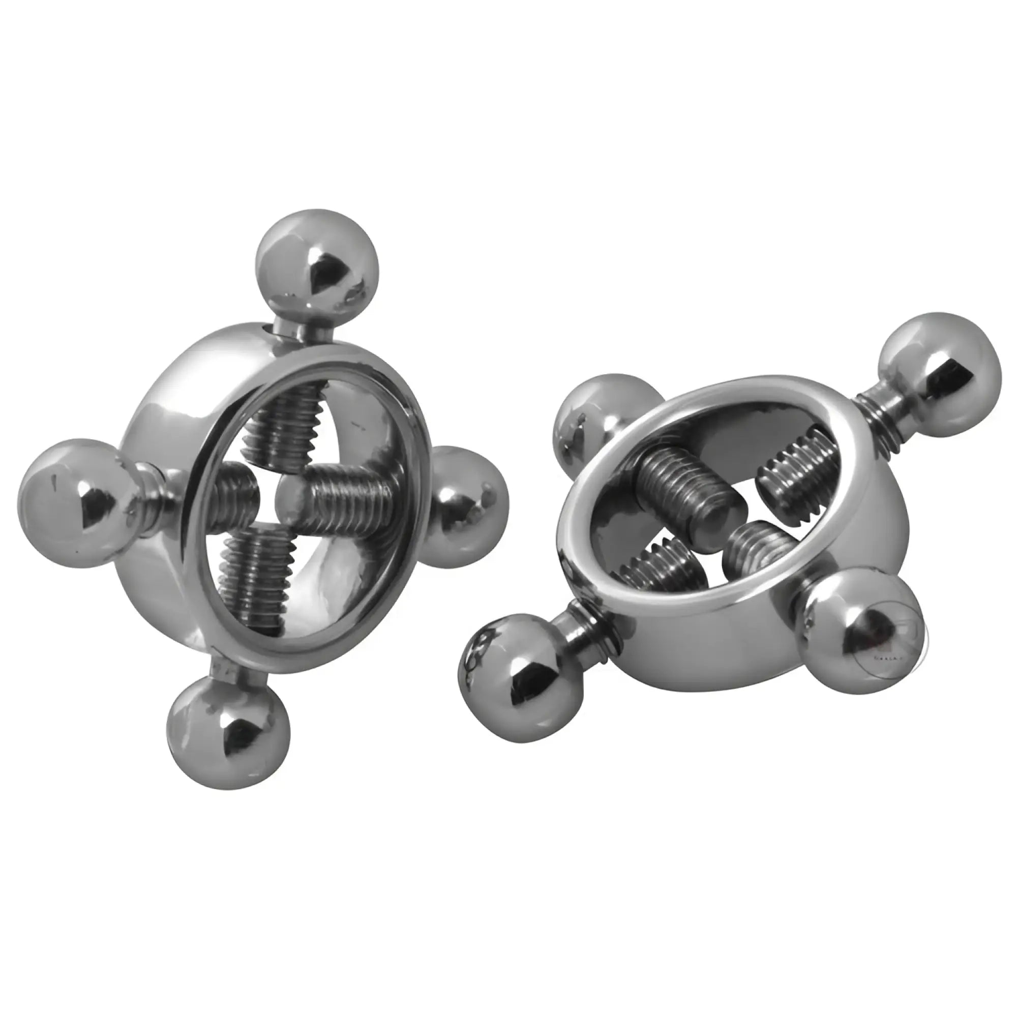 Master Series Rings of Fire Nipple Press Kit: Two silver-toned metal rings with threaded, adjustable tension screws.