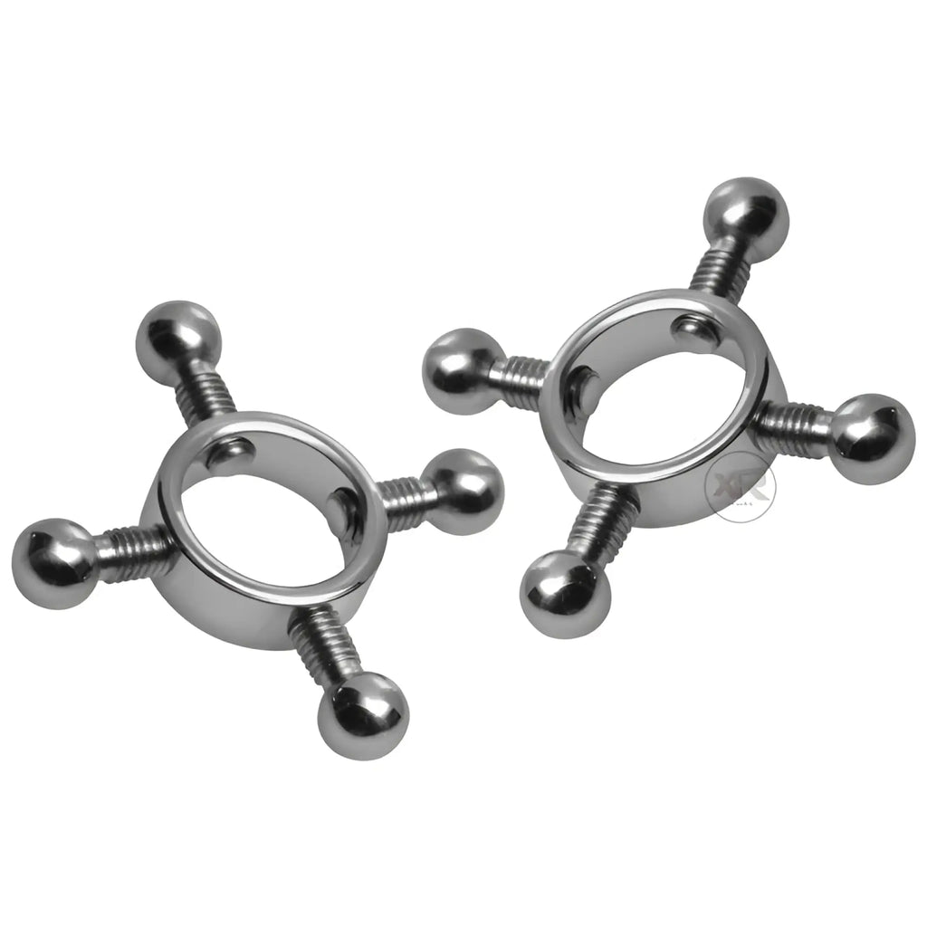 Master Series Rings of Fire Nipple Press Kit: two shiny silver, adjustable metal ring clamps with ball-end screws.