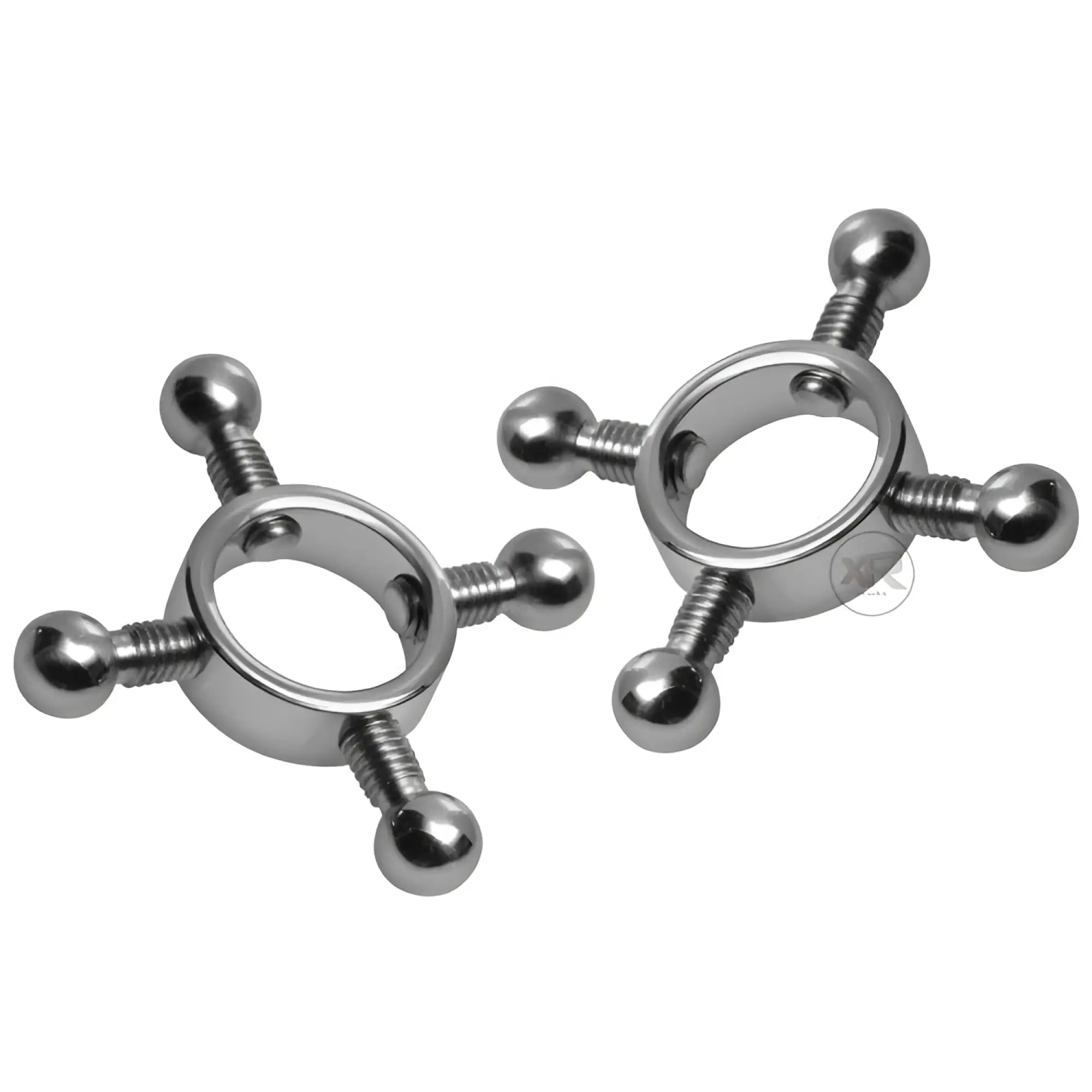Master Series Rings of Fire Nipple Press Kit: two shiny silver, adjustable metal ring clamps with ball-end screws.