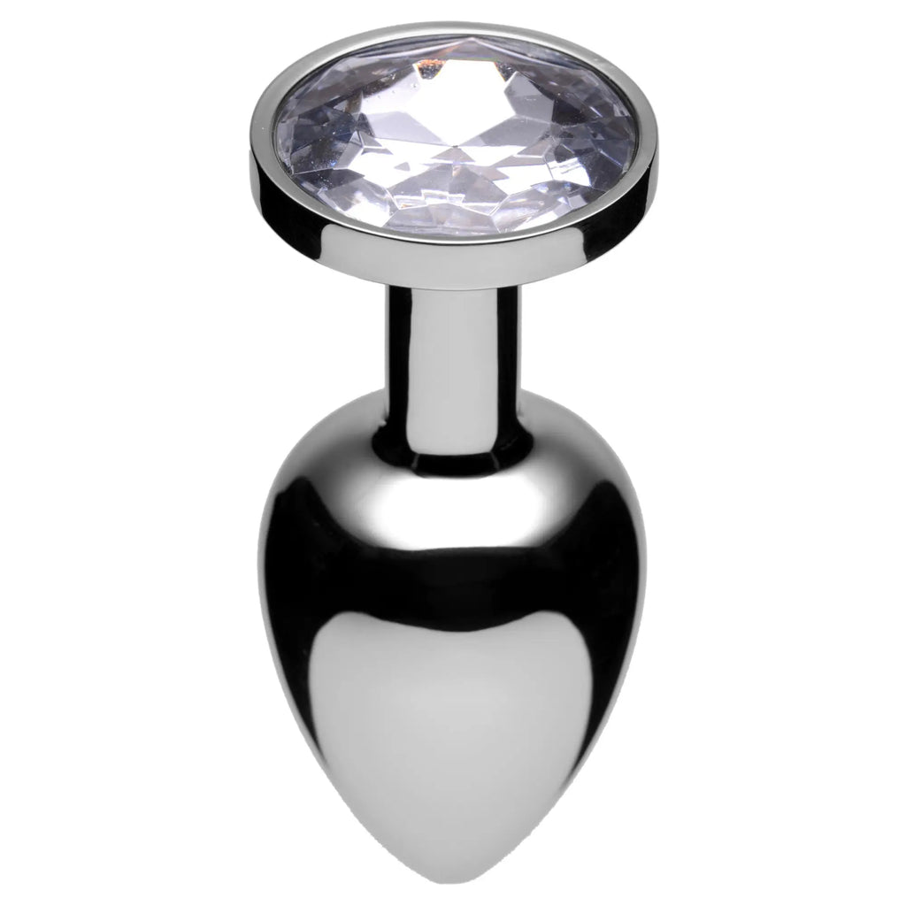 Master Series Rosebud anal jewelry: a polished silver-tone metal plug topped with a large, clear, faceted crystal.