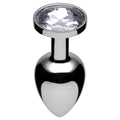 Master Series Rosebud anal jewelry: a polished silver-tone metal plug topped with a large, clear, faceted crystal.