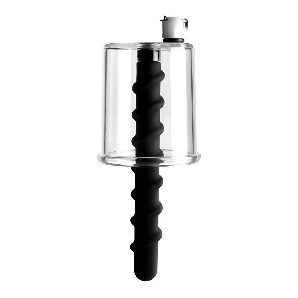 Master Series Rosebud Driller: clear cylinder featuring a black, spiral-textured silicone insert and white valve top.