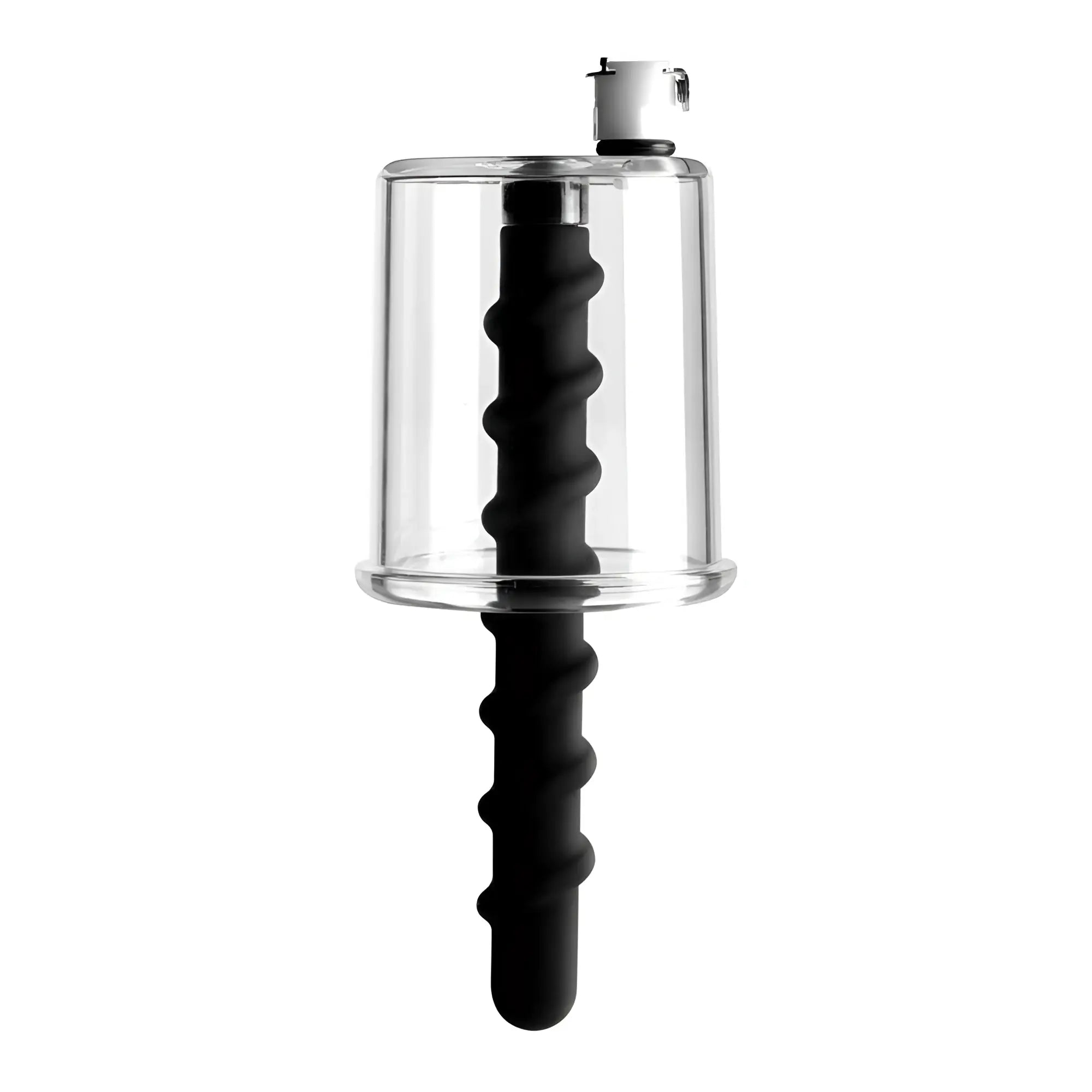 Master Series Rosebud Driller: clear cylinder featuring a black, spiral-textured silicone insert and white valve top.