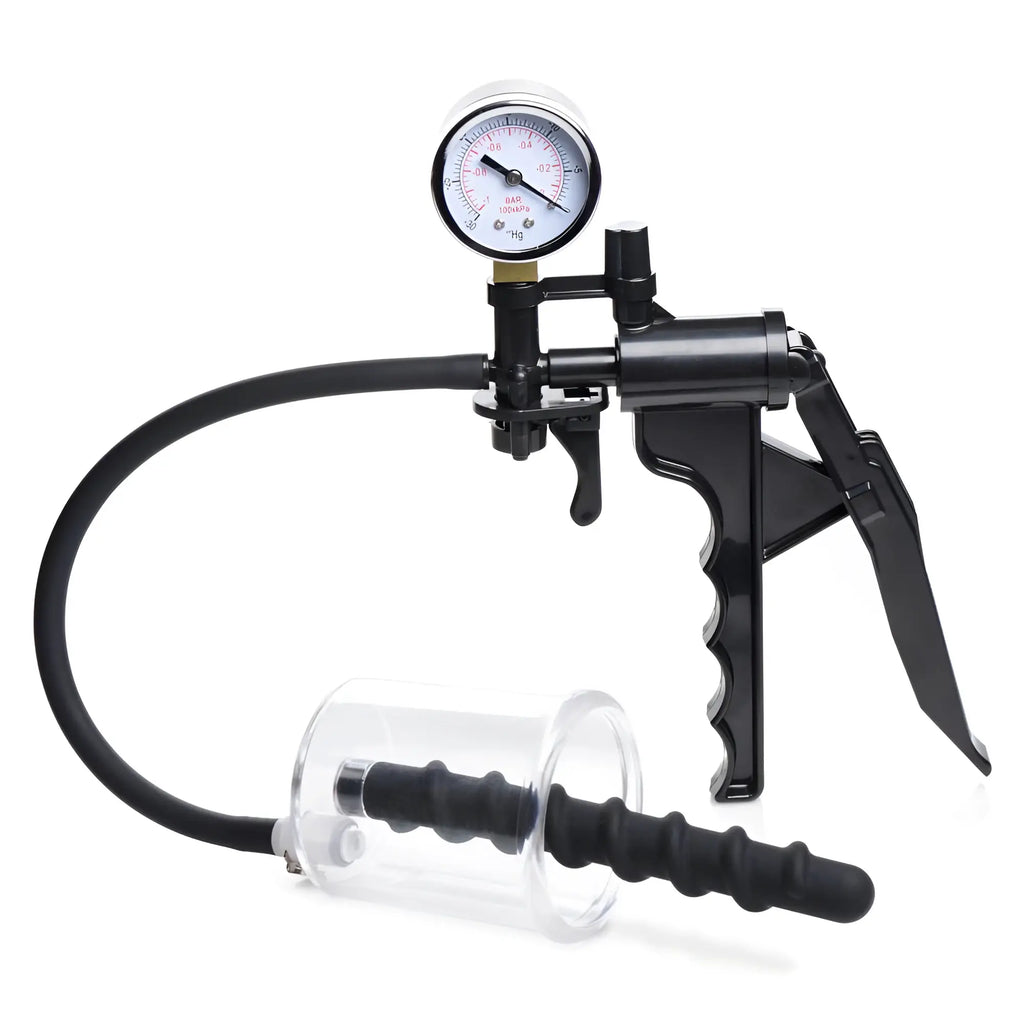Master Series Rosebud Driller: black hand pump with gauge, connected by hose to a clear cylinder with black swirl insert.