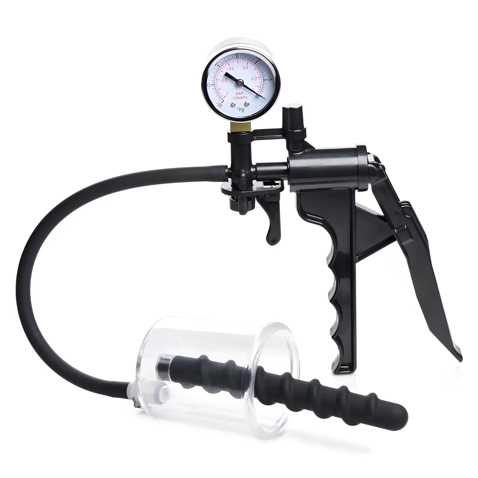 Master Series Rosebud Driller: black hand pump with gauge, connected by hose to a clear cylinder with black swirl insert.