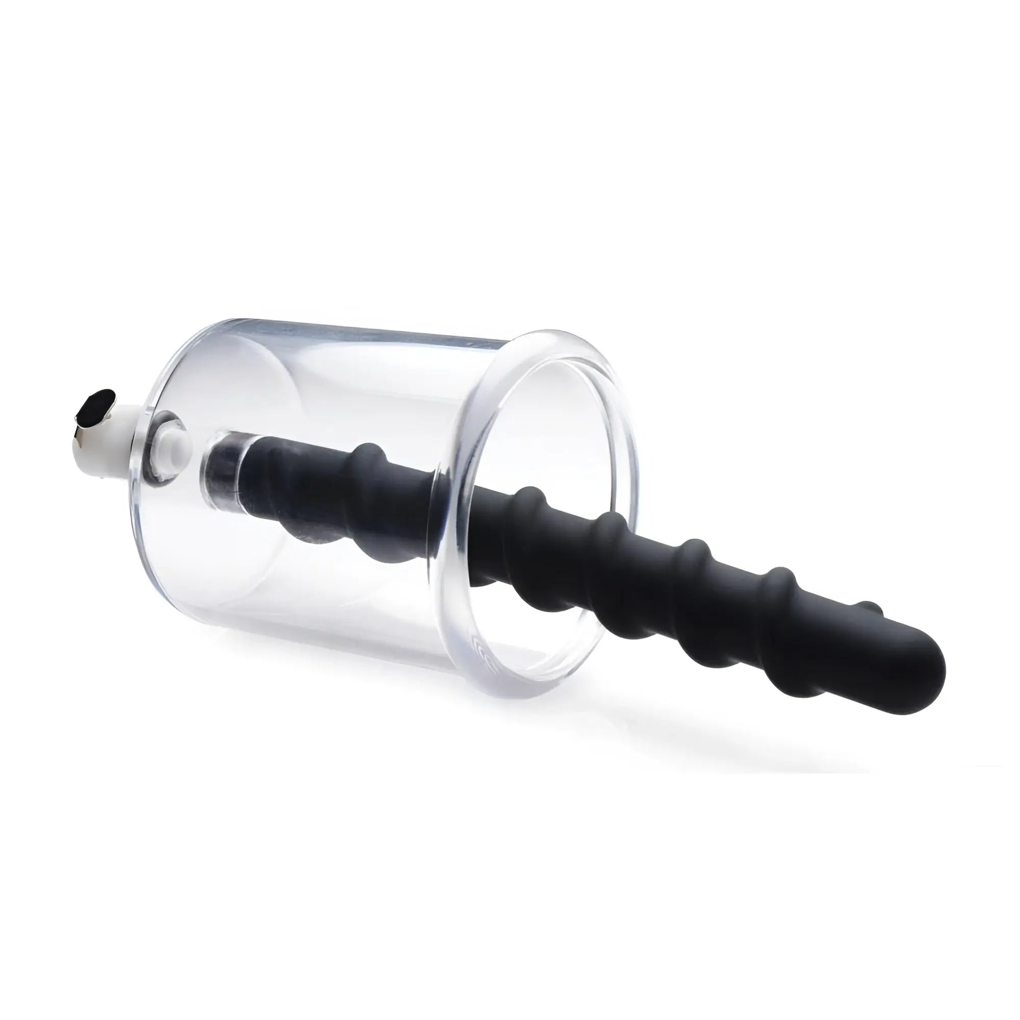Master Series Rosebud Driller: a clear plastic cylinder with a black, spiraled silicone insert extending outward.