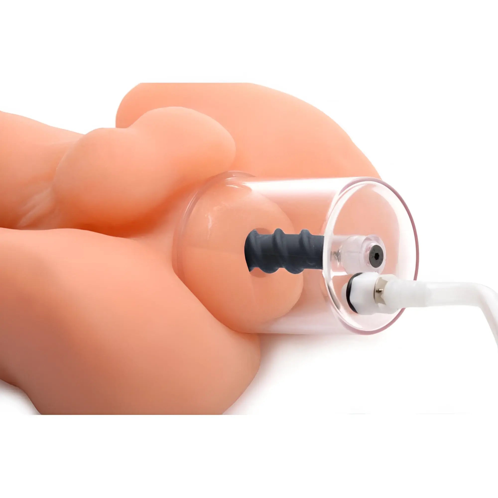 Master Series Rosebud Driller Cylinder with a clear tube, black spiral insert, and white hose attachment on a flesh model.