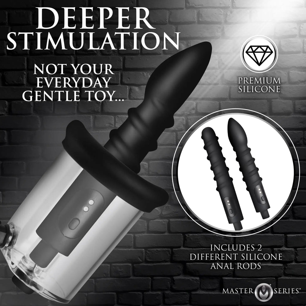 Master Series Rosebud Driller set: a clear pump with black silicone attachments against a brick background.