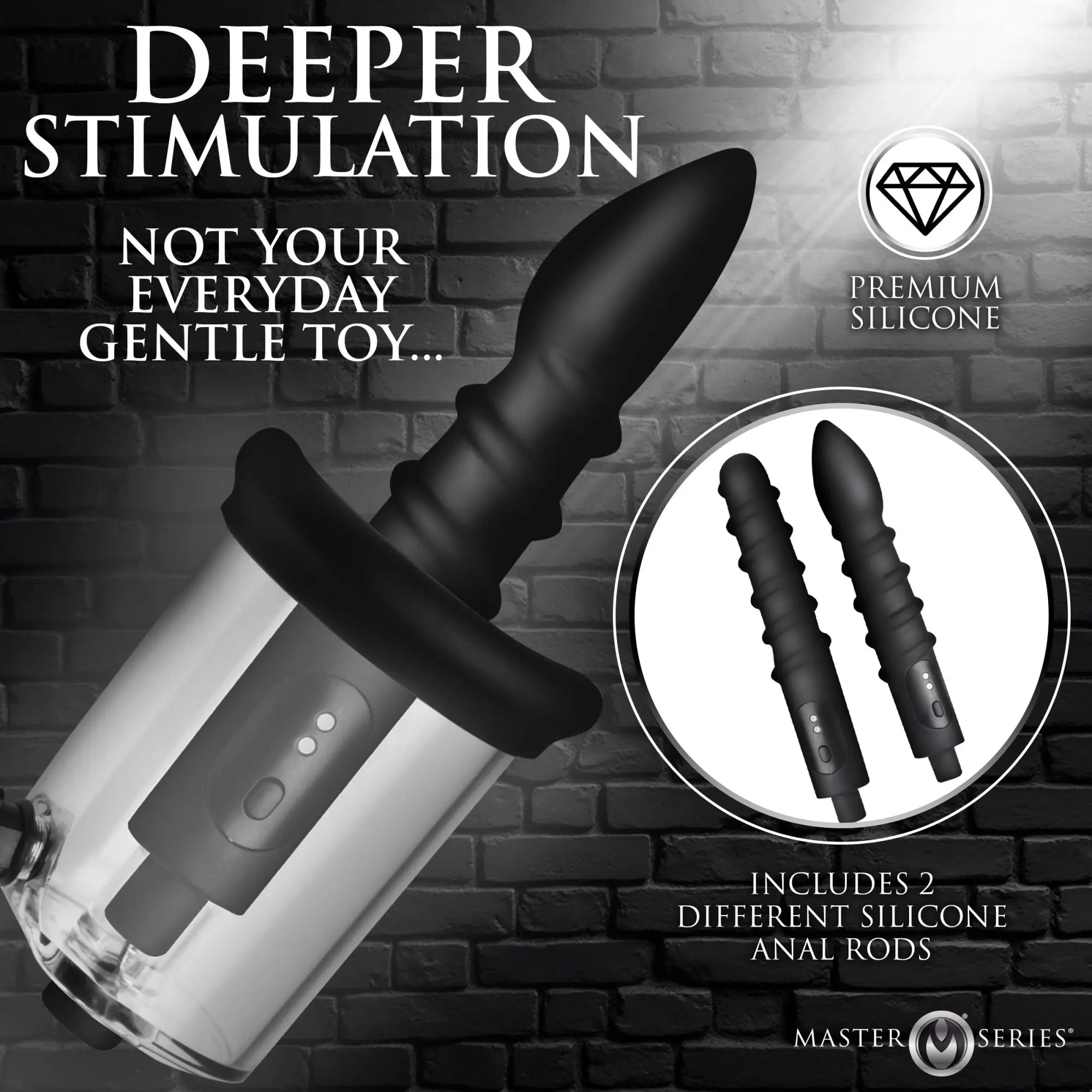 Master Series Rosebud Driller set: a clear pump with black silicone attachments against a brick background.