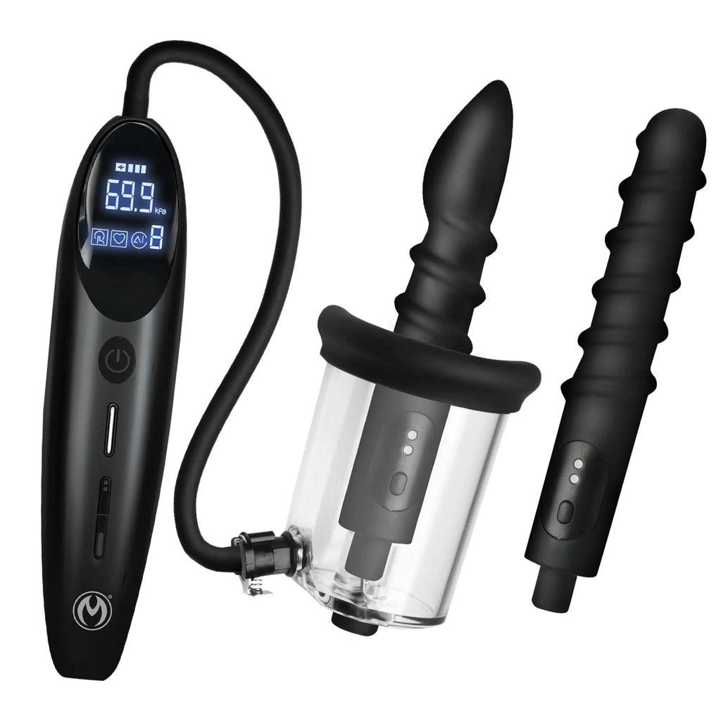 Master Series Rosebud Driller set: black digital control unit with hose, clear pump cylinder, and two silicone probes.