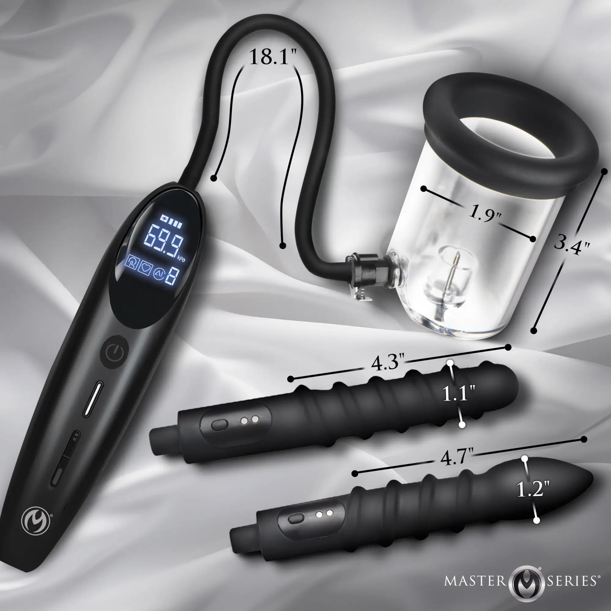 Master Series Rosebud Driller set with black controller, clear pump, and two black ridged silicone vibrating attachments.