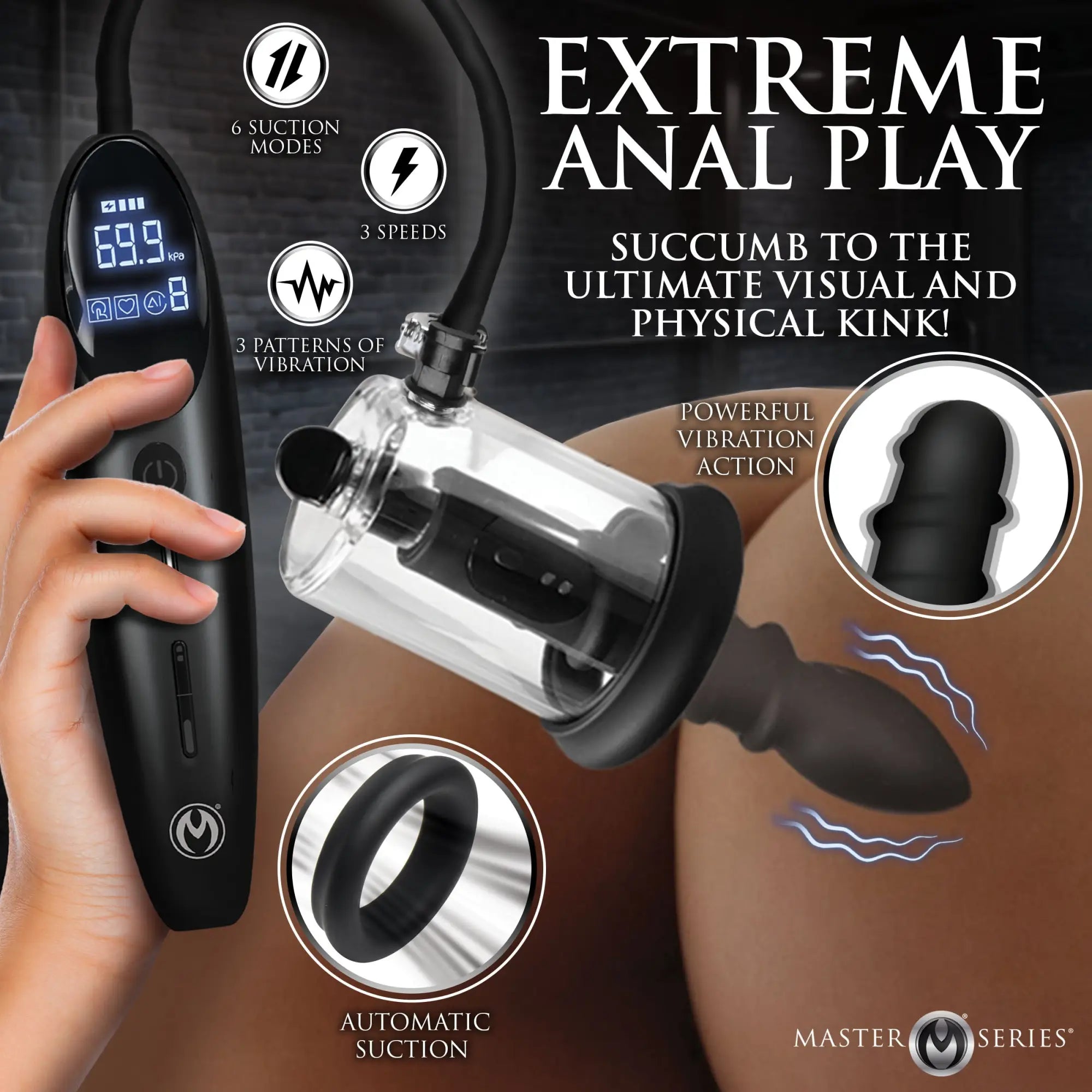 Master Series Rosebud Driller: A black handheld control unit with display connected to a clear suction pump and probe.