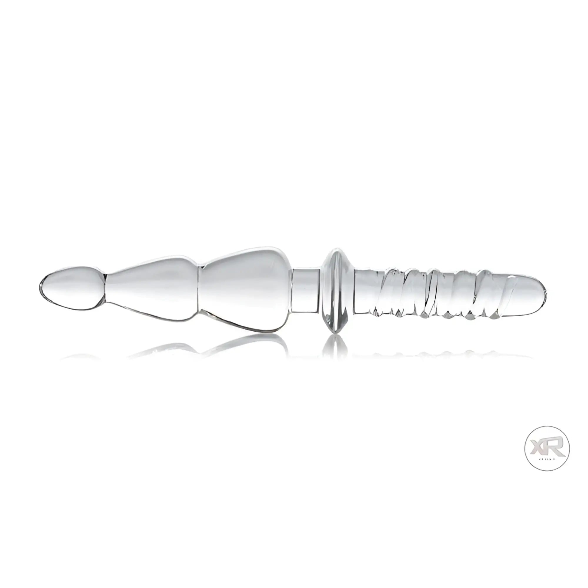 Master Series Saber glass thruster in clear, featuring a tapered, ridged probe design with a flared base.