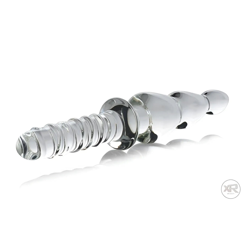Master Series Saber Anal Links Glass Thruster: clear glass toy with ribbed end and smooth, bulbous tapered design.