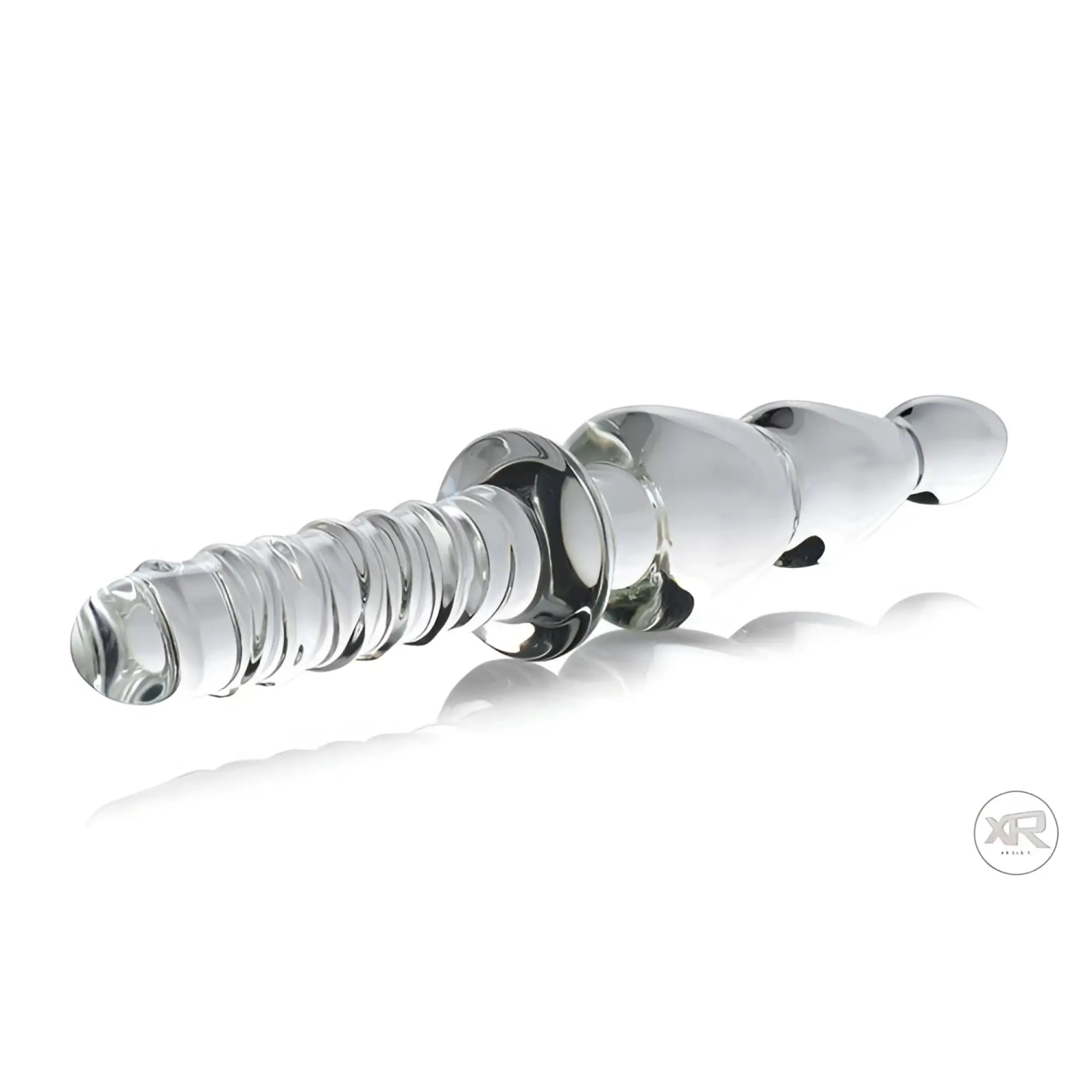 Master Series Saber Anal Links Glass Thruster: clear glass toy with ribbed end and smooth, bulbous tapered design.
