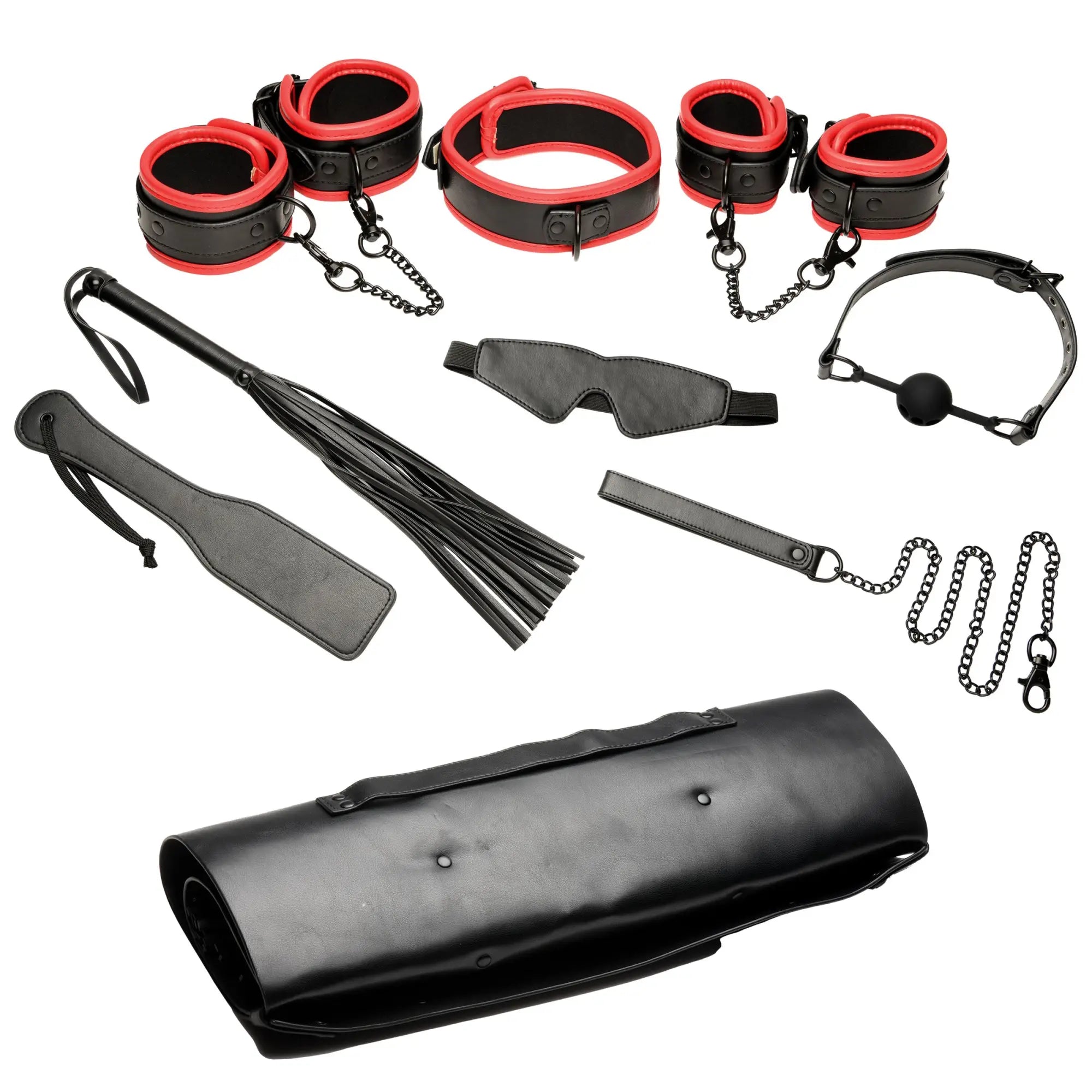 Master Series Scarlet Seduction bondage set: black and red leather cuffs, collar, flogger, paddle, blindfold, and gag.