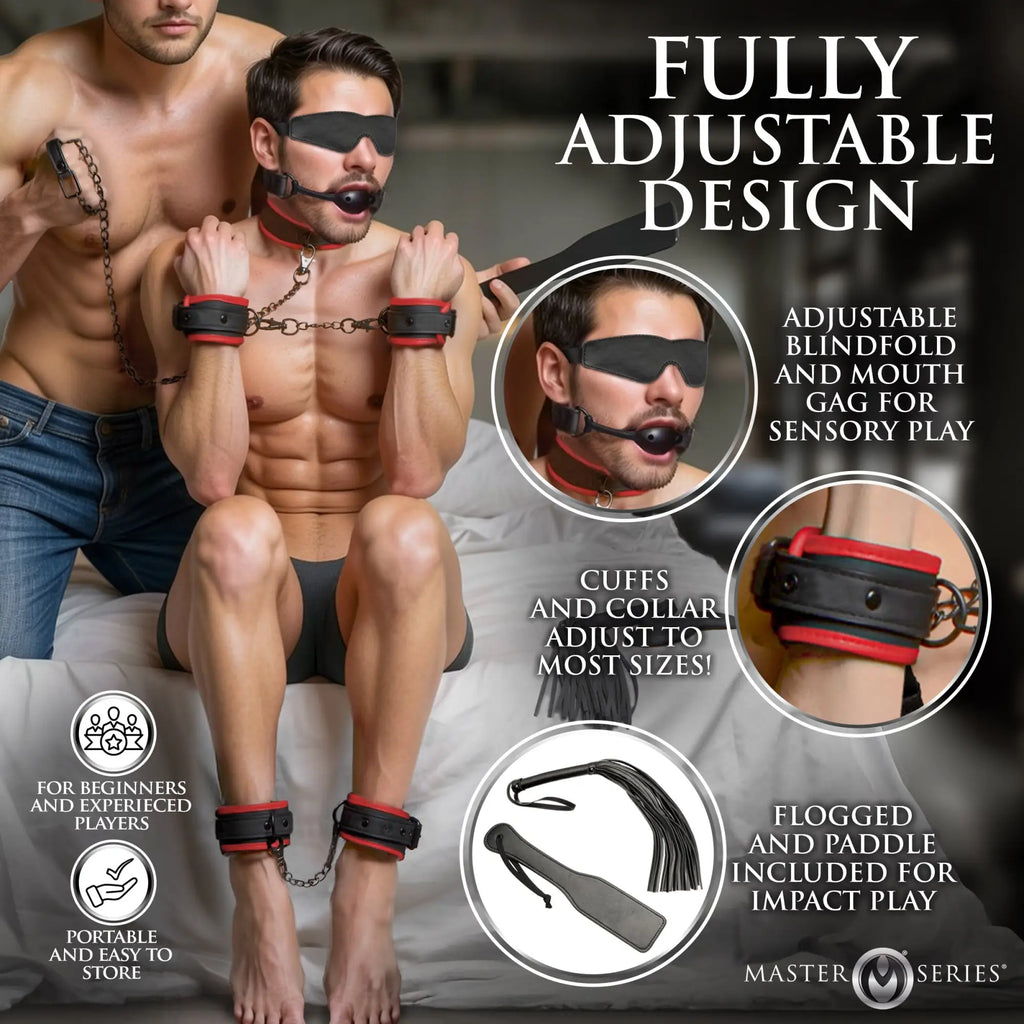Master Series Scarlet Seduction set: black and red leather bondage gear, including cuffs, collar, blindfold, and gag.