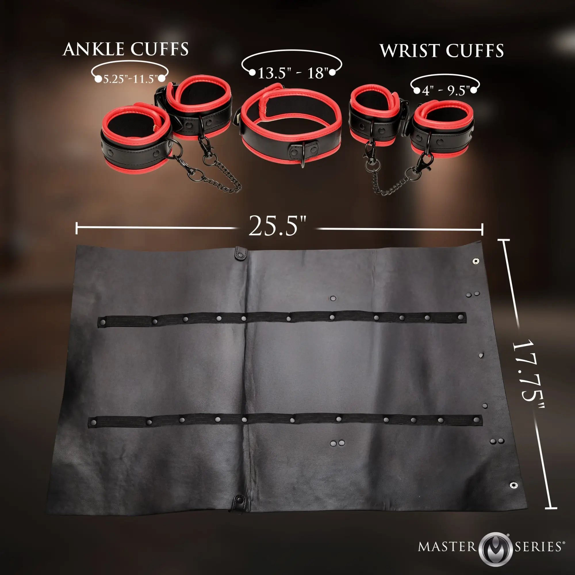 Master Series Scarlet Seduction leather bondage set: black and red cuffs, collar, and a flat travel storage mat.
