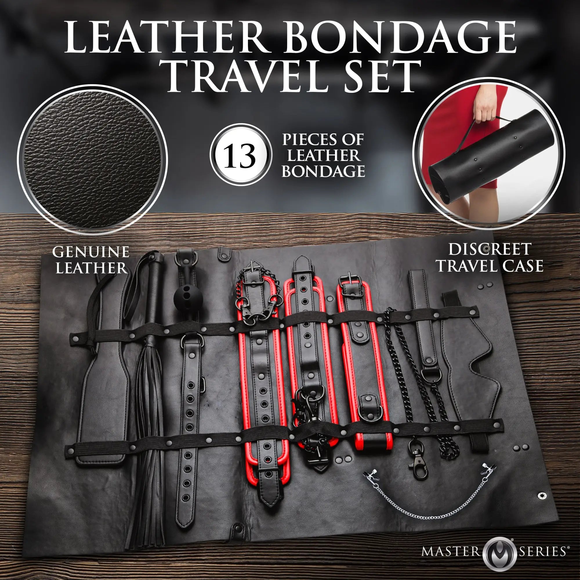 Master Series Scarlet Seduction: 13-piece black and red leather bondage travel set displayed on a wooden surface.