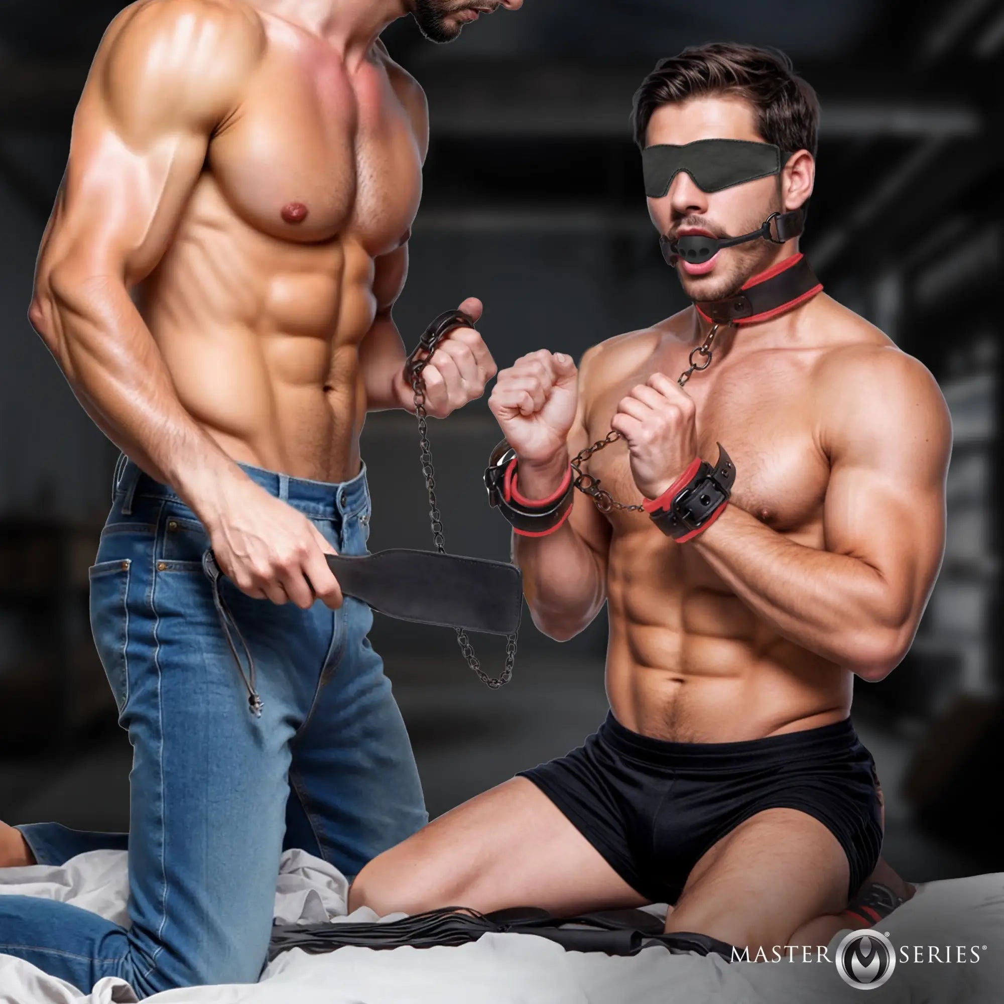 Master Series Scarlet Seduction set: Black leather cuffs with red trim, collar, blindfold, and ball gag on two men.
