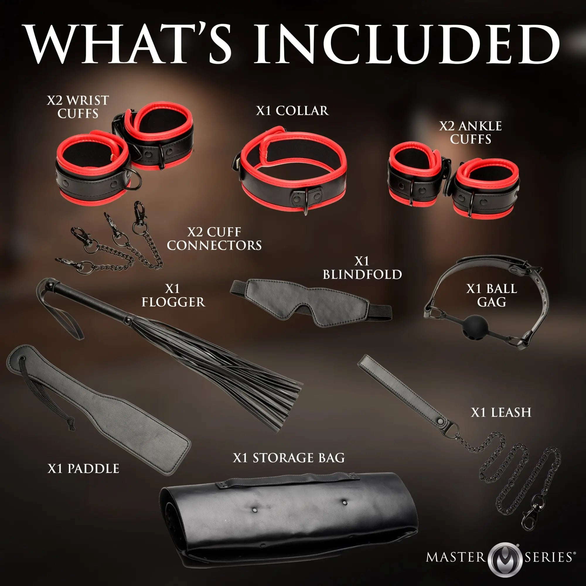 Master Series Scarlet Seduction travel set featuring black and red leather bondage gear, cuffs, flogger, and accessories.