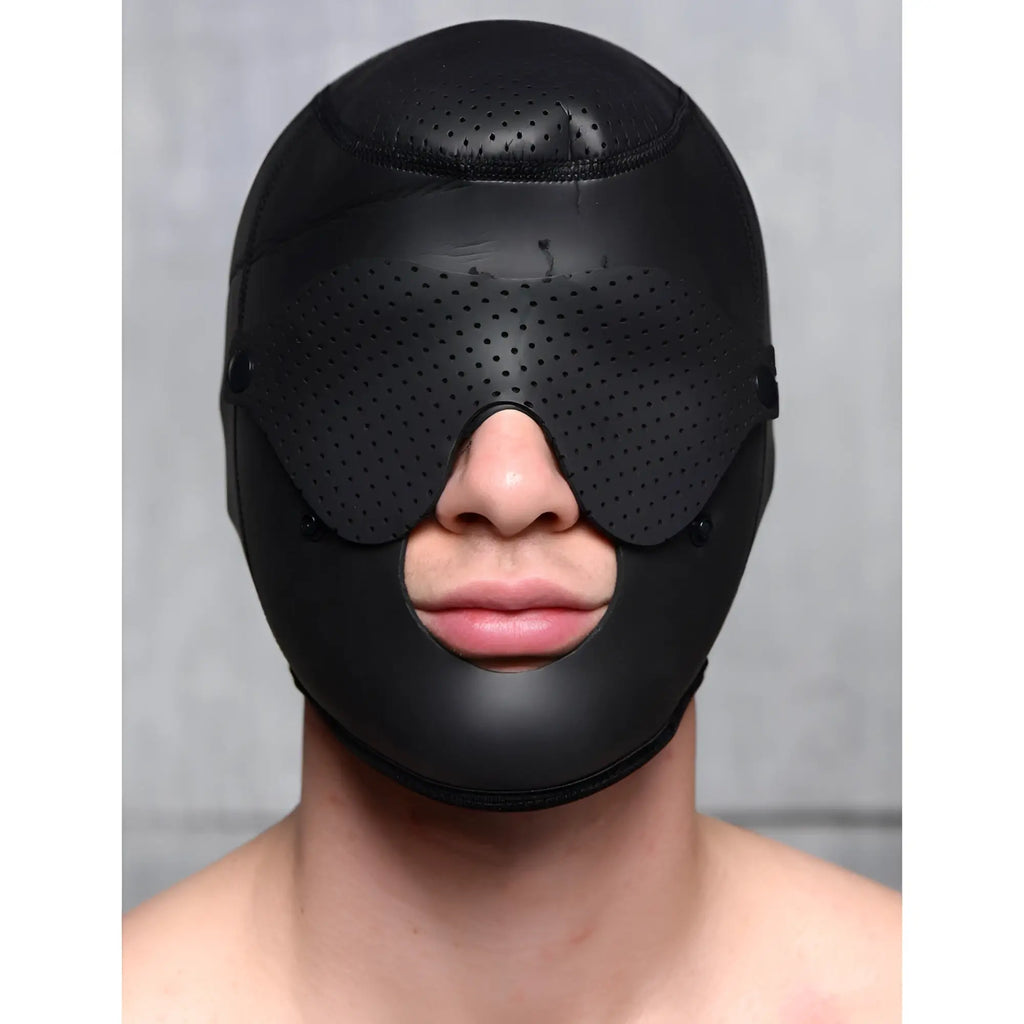 Master Series Scorpion black neoprene hood with a perforated removable blindfold and face mask on a person.