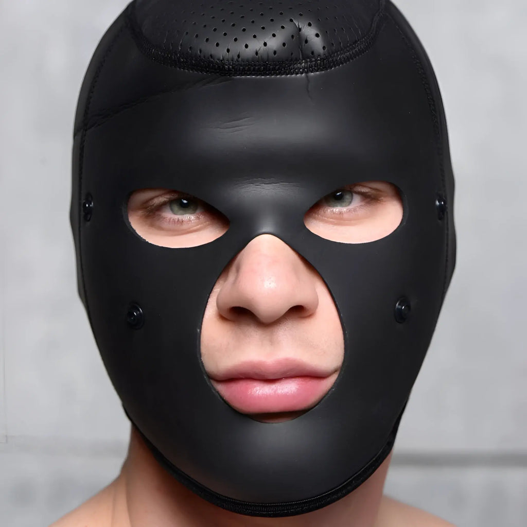 Master Series Scorpion black neoprene hood with cutouts for eyes, nose, and mouth, featuring snap studs.