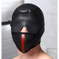 Master Series Scorpion black neoprene hood with perforated texture, removable face mask, and a vertical red stripe.