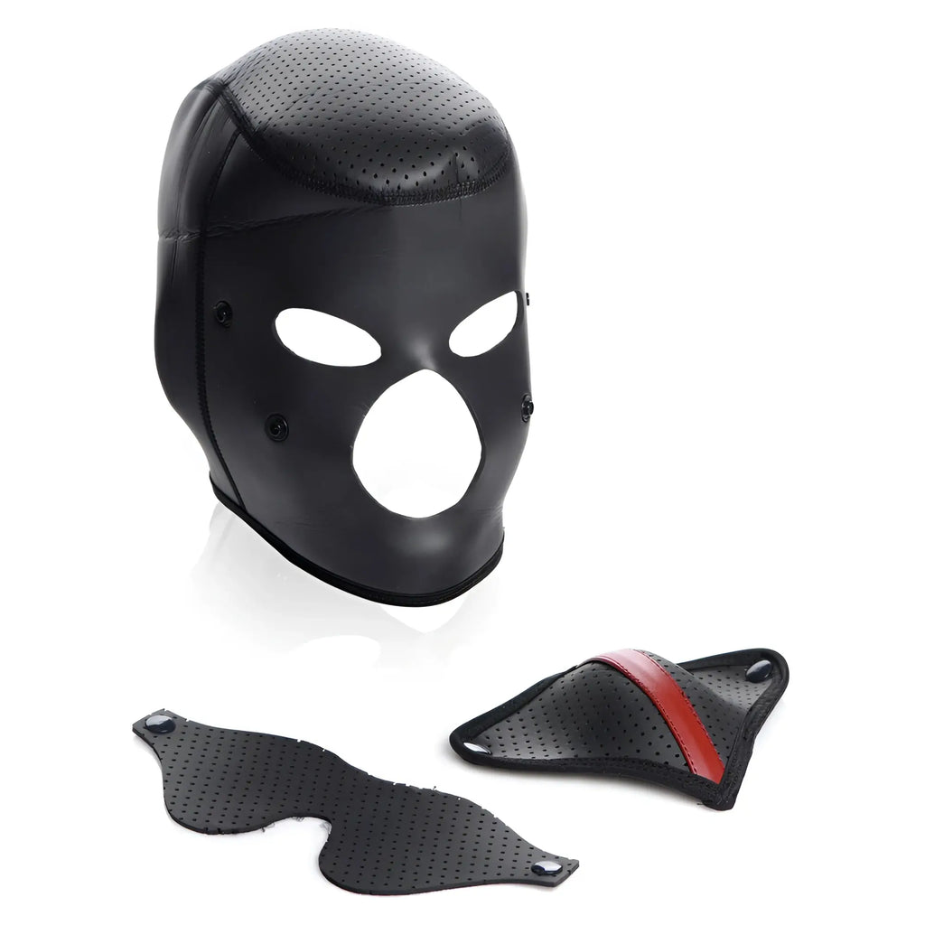 Black Master Series Scorpion hood with cutouts, including a removable perforated blindfold and red-accented face mask.