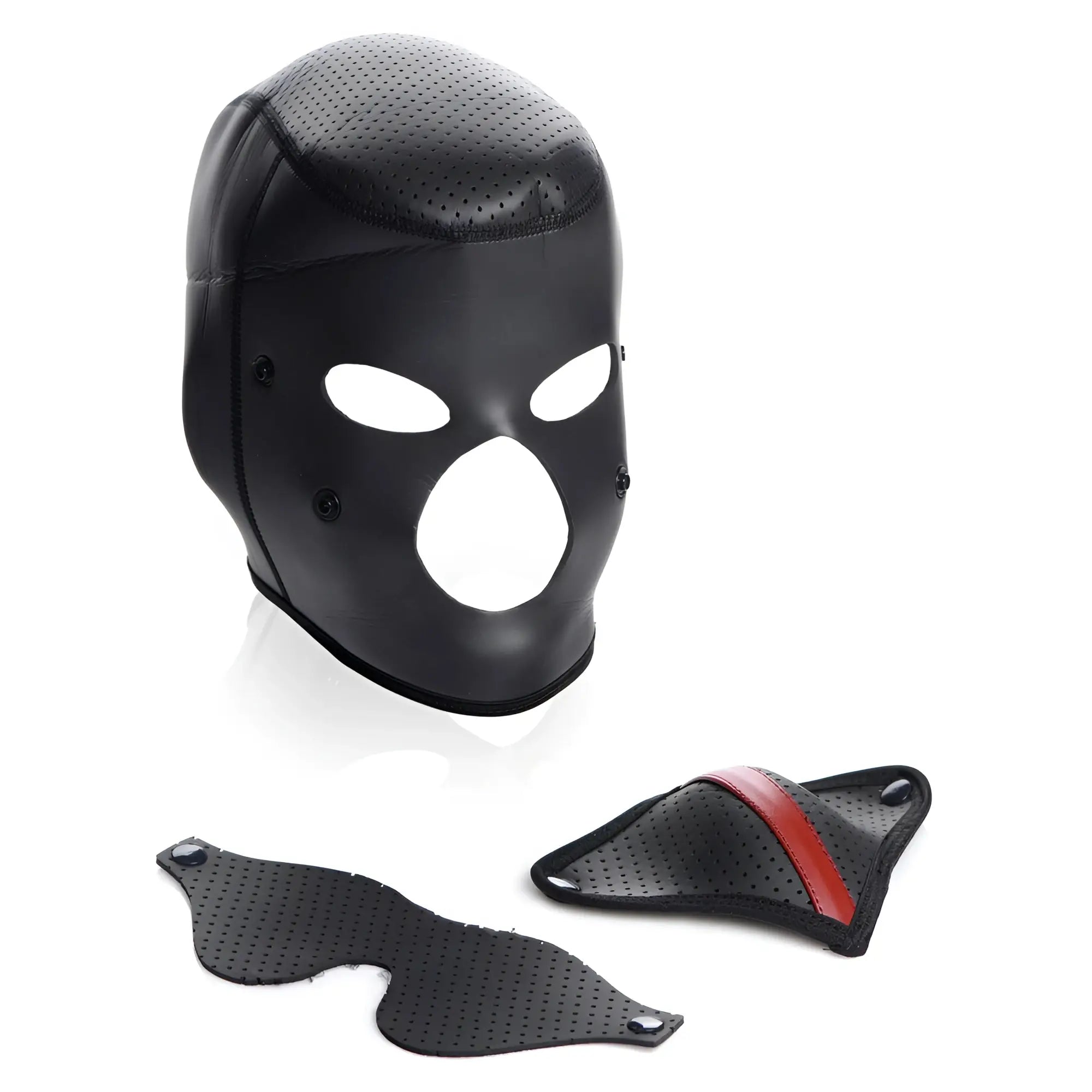 Black Master Series Scorpion hood with cutouts, including a removable perforated blindfold and red-accented face mask.