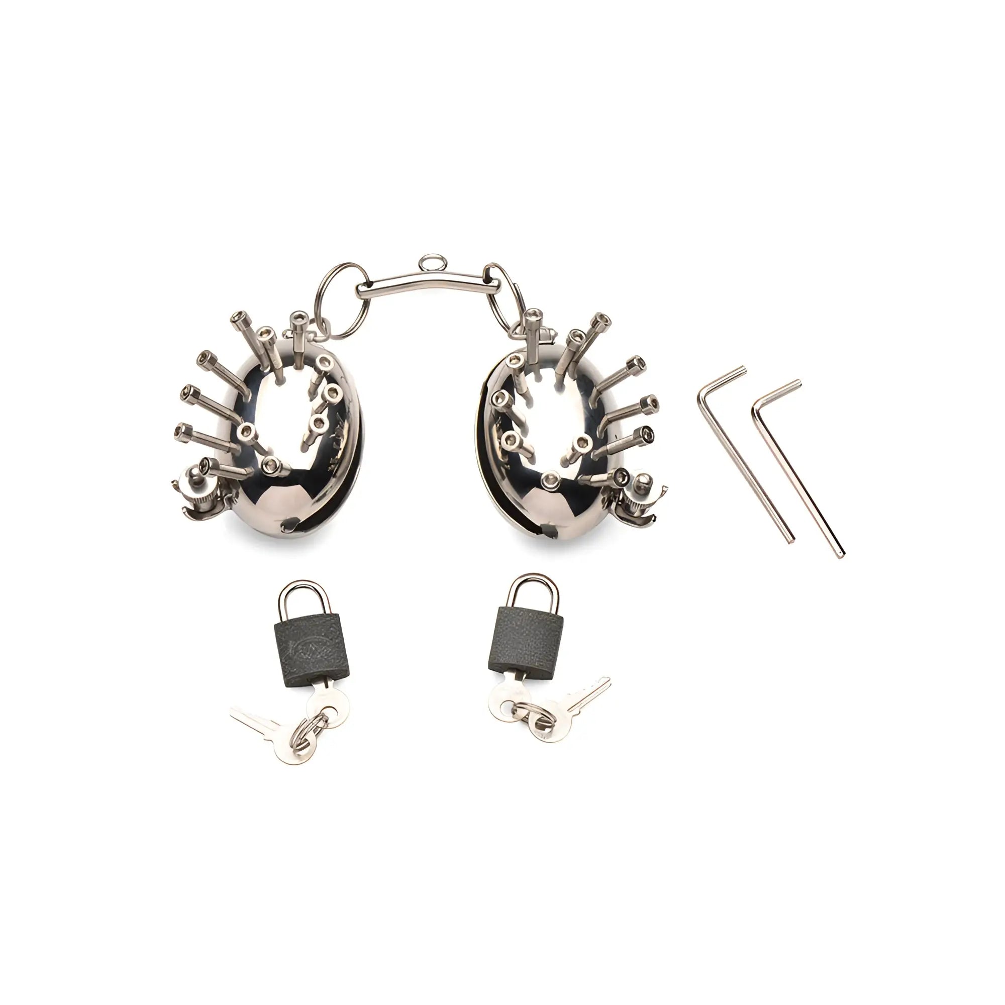 Master Series silver-toned spiked scrotum egg shells with metal connecting bar, two padlocks, keys, and two Allen keys.