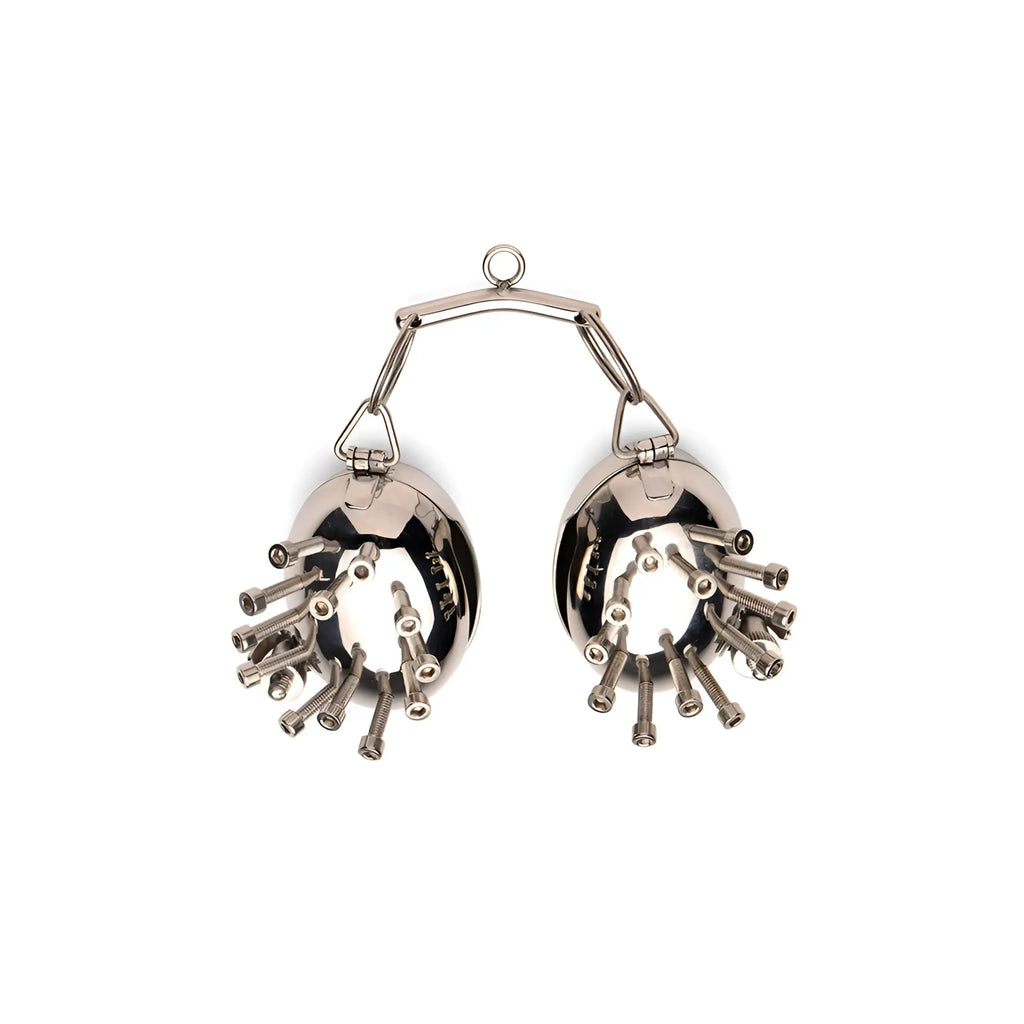 Master Series Scrotum Egg Shells: chrome, two hinged oval cups lined with inward-facing metal spikes, connected by links.