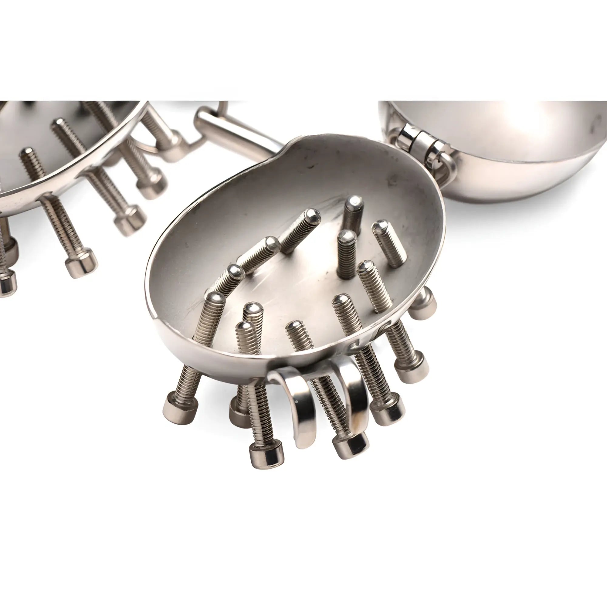 Master Series Scrotum Egg Shells: silver, stainless steel, hinged elliptical cups lined with internal metal spikes.