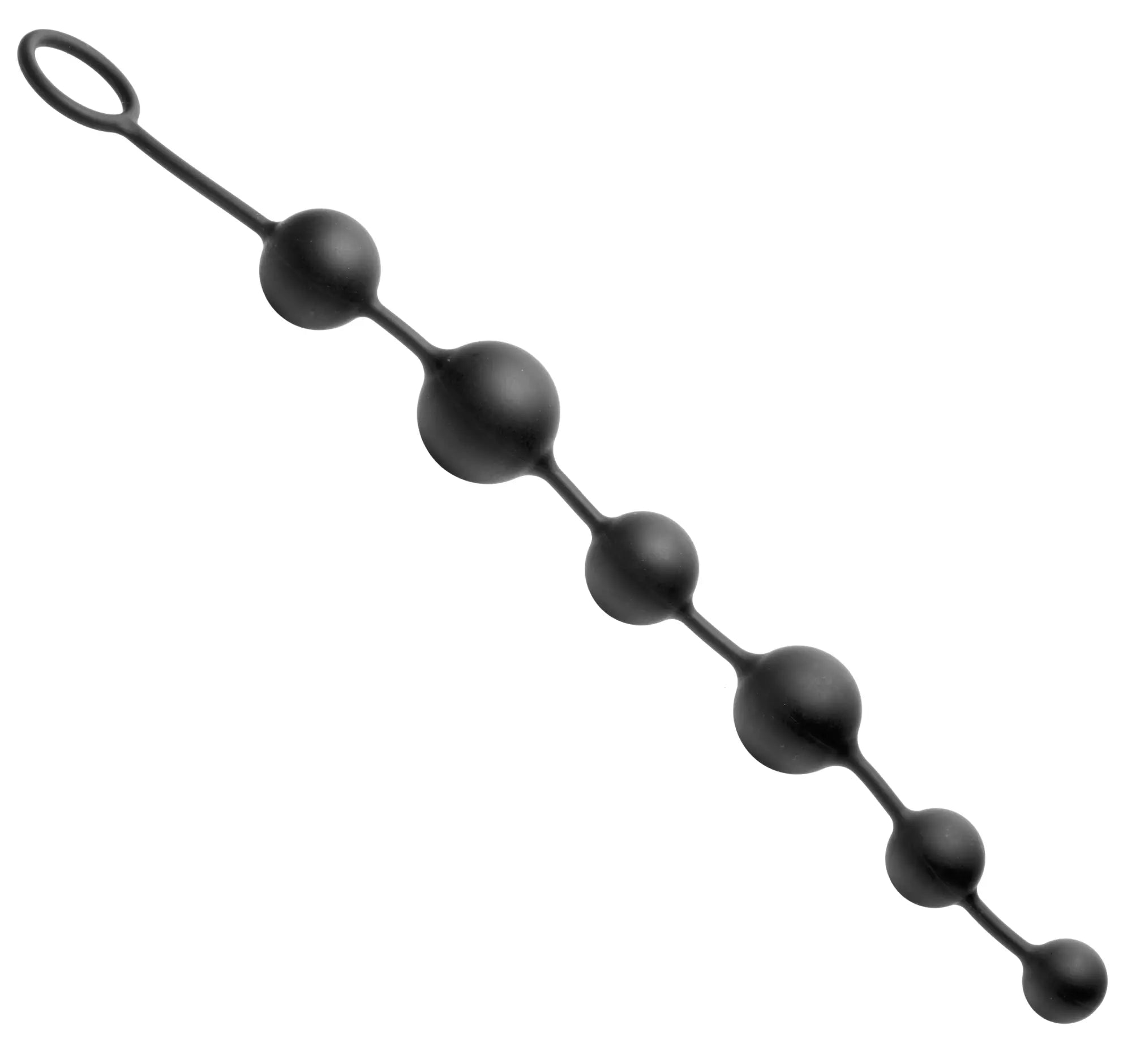 Master Series Serpent 6 black silicone anal beads with a pull ring and graduated spherical design on a flexible cord.