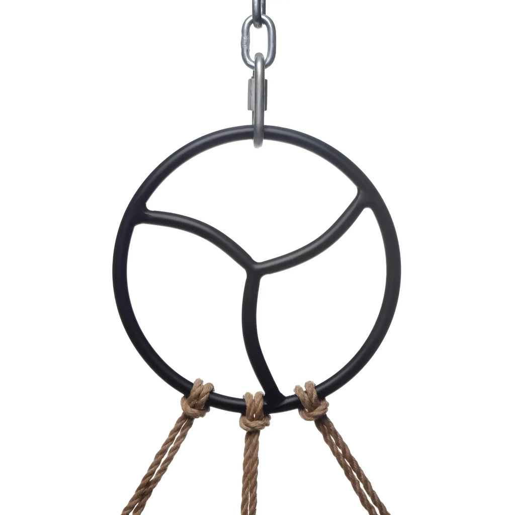 Master Series Shibari Bondage Suspension Ring: a black metal tri-spoke ring hanging from a silver chain with rope ties.