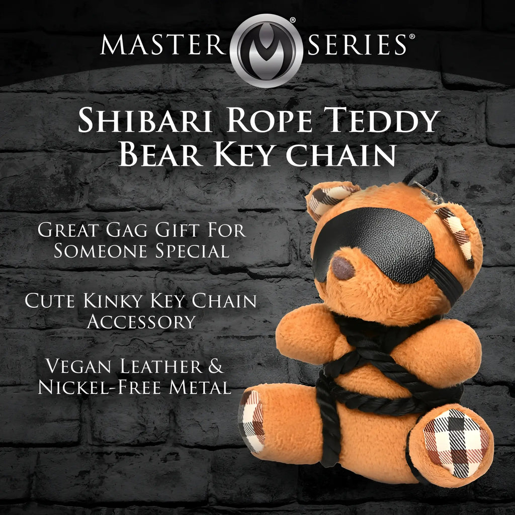 Master Series ShiBeari brown teddy bear keychain wearing a black blindfold and tied with black rope.