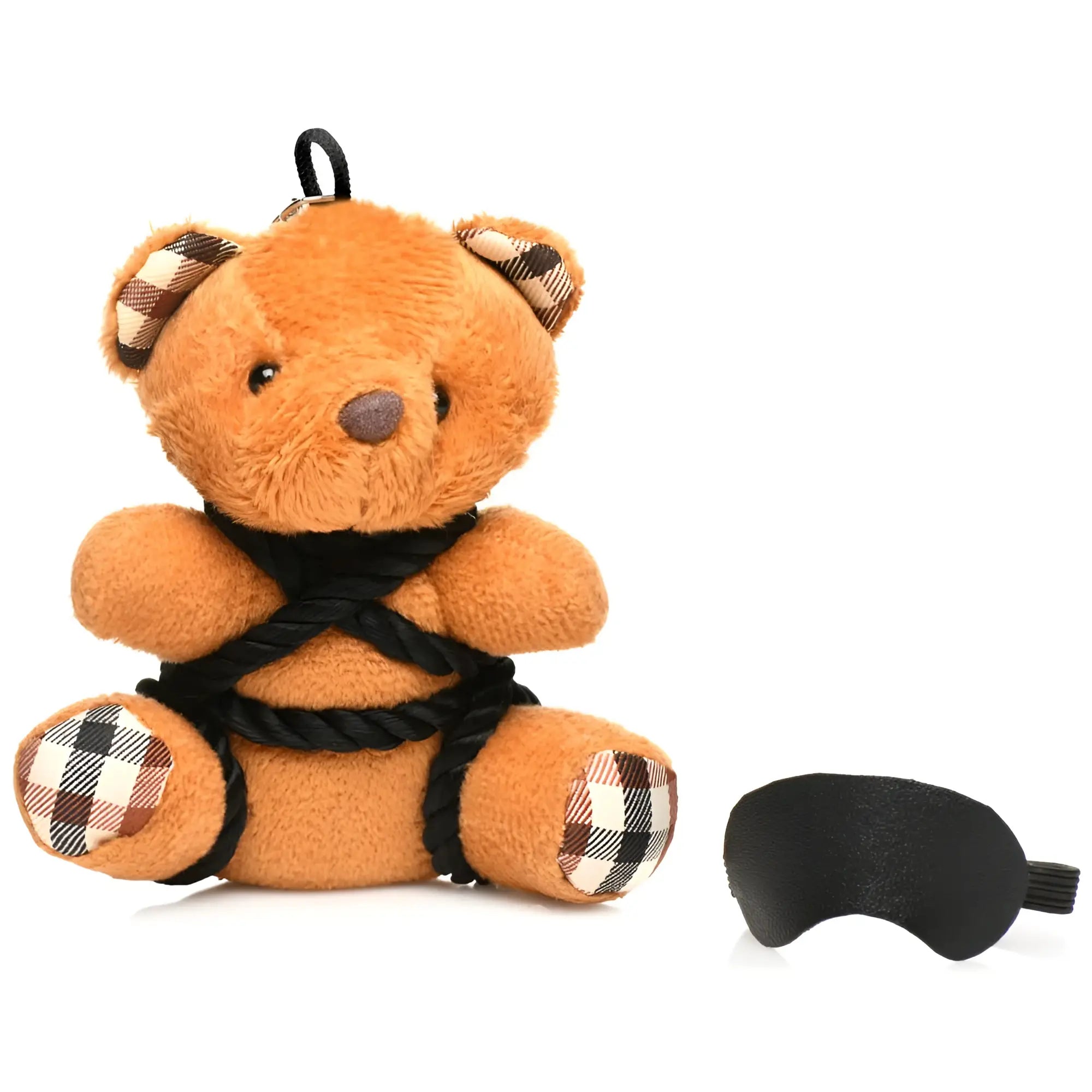 Master Series ShiBeari Teddy Bear keychain: brown plush bear bound in black rope with plaid accents and a black blindfold.