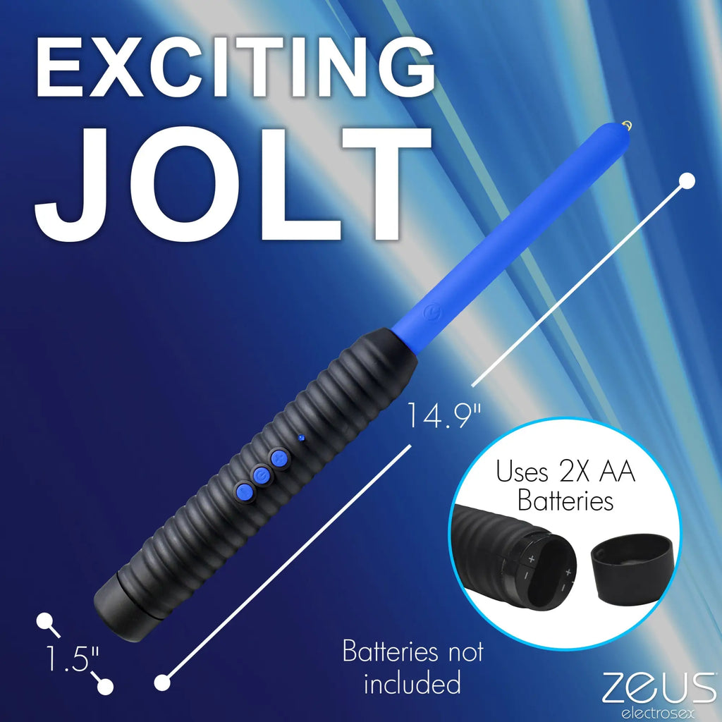 Master Series Shock Rod Zapping Wand: a 14.9-inch blue and black ridged wand with battery compartment details.