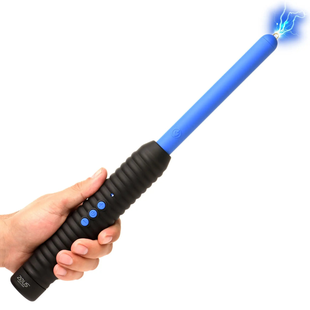 A hand holding a blue and black Master Series Shock Rod zapping wand, emitting a blue electrical spark at the tip.
