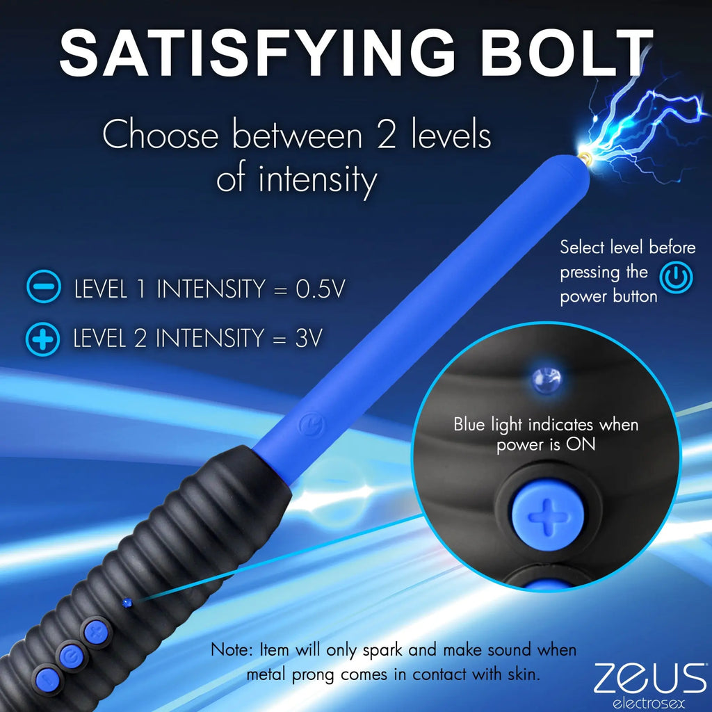 Master Series Shock Rod Zapping Wand: Blue wand with black textured handle, power buttons, and electric spark tip.