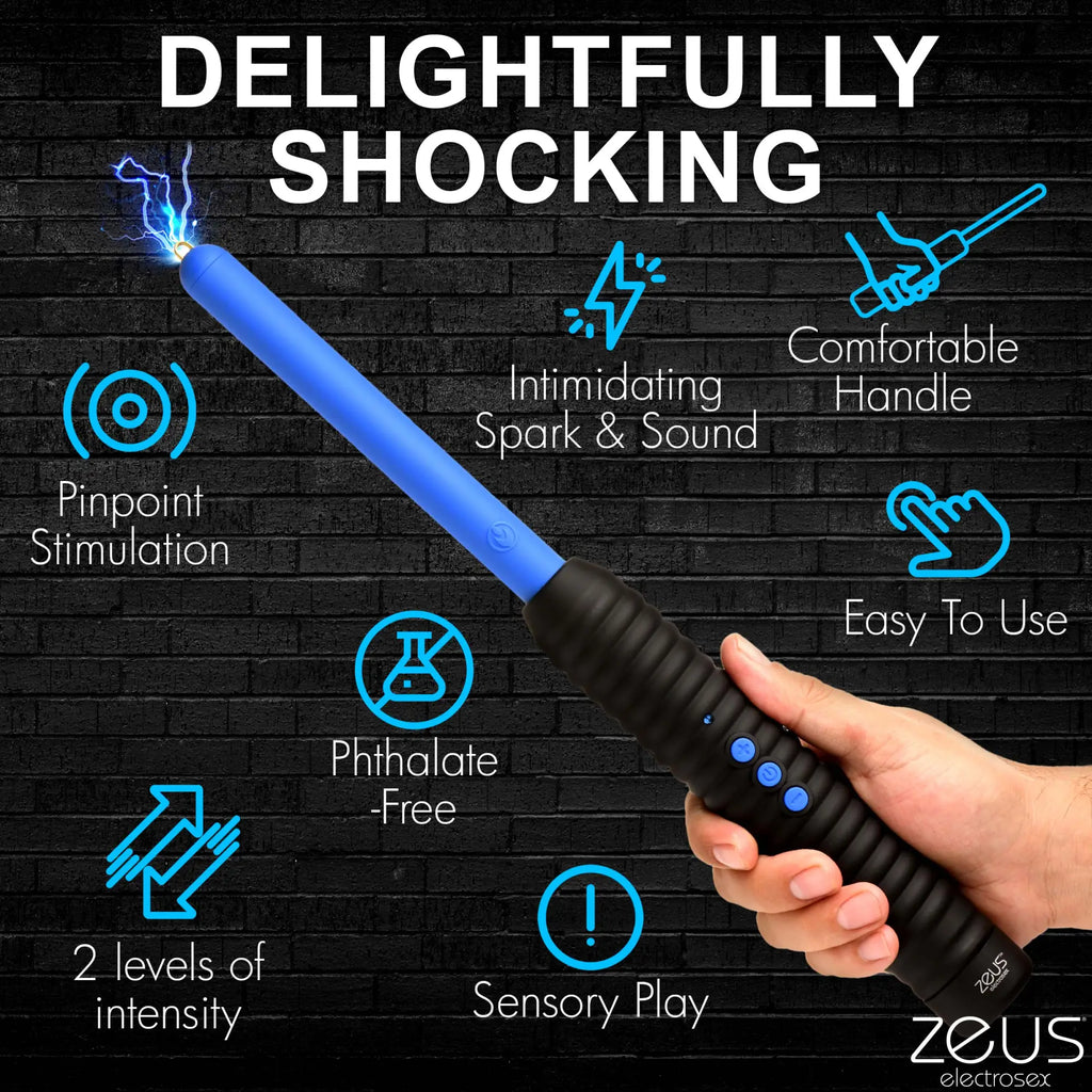 Master Series Shock Rod Zapping Wand: a blue and black hand-held device with electric sparks, plus feature icons.