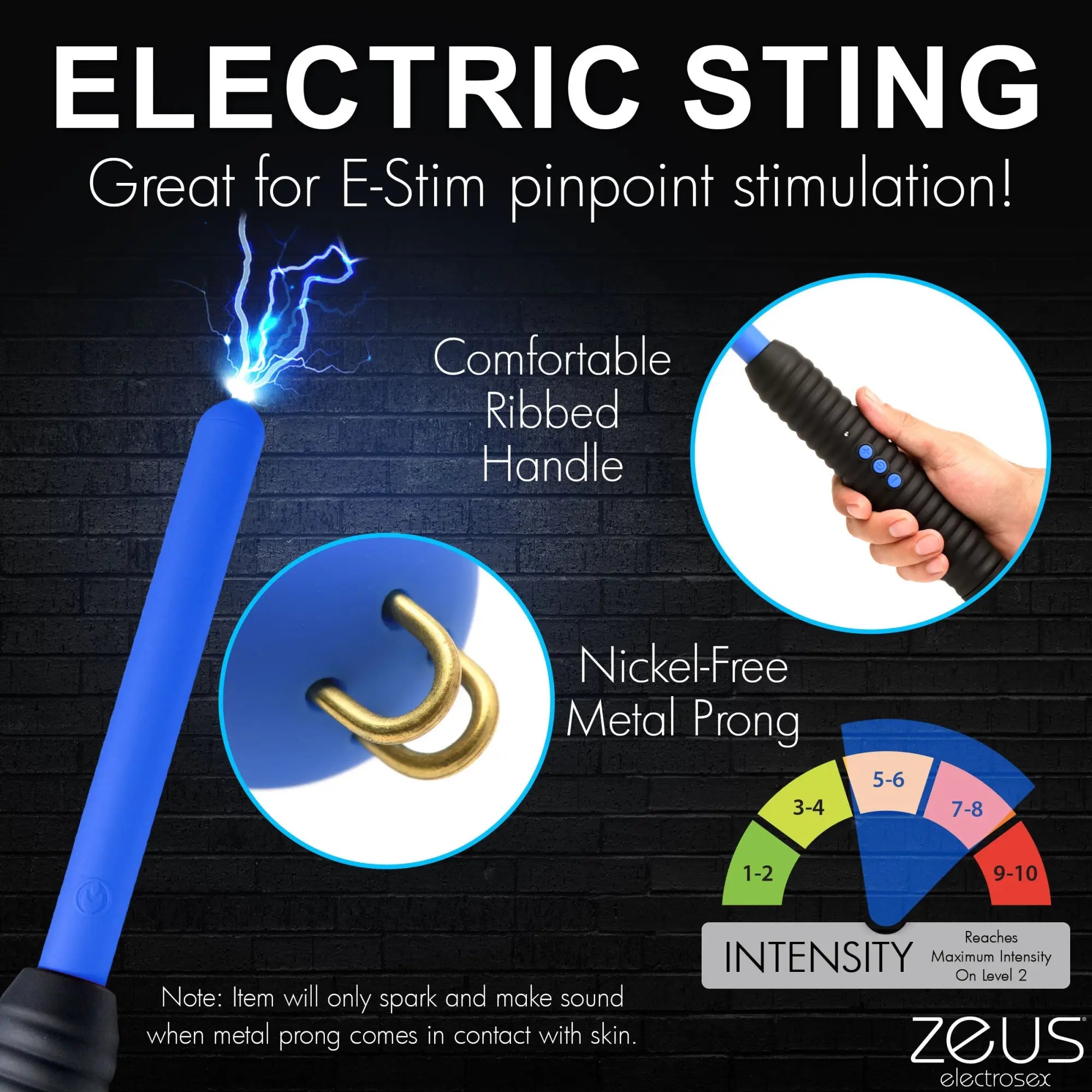 Master Series Shock Rod Zapping Wand: Blue e-stim probe with metal prong, ribbed handle, and intensity level graphic.