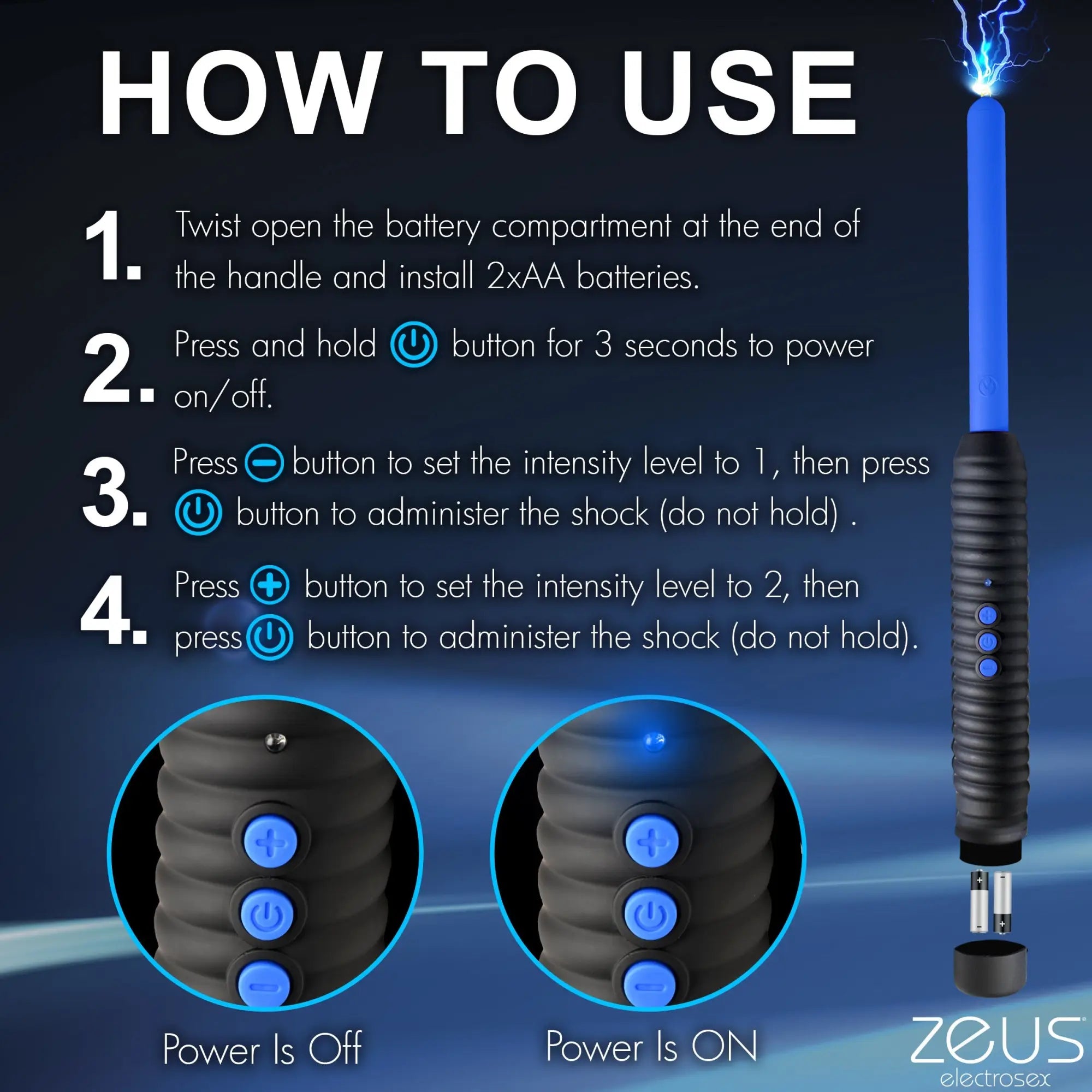 Master Series Shock Rod Zapping Wand: Instruction graphic showing the blue wand, control buttons, and battery loading.