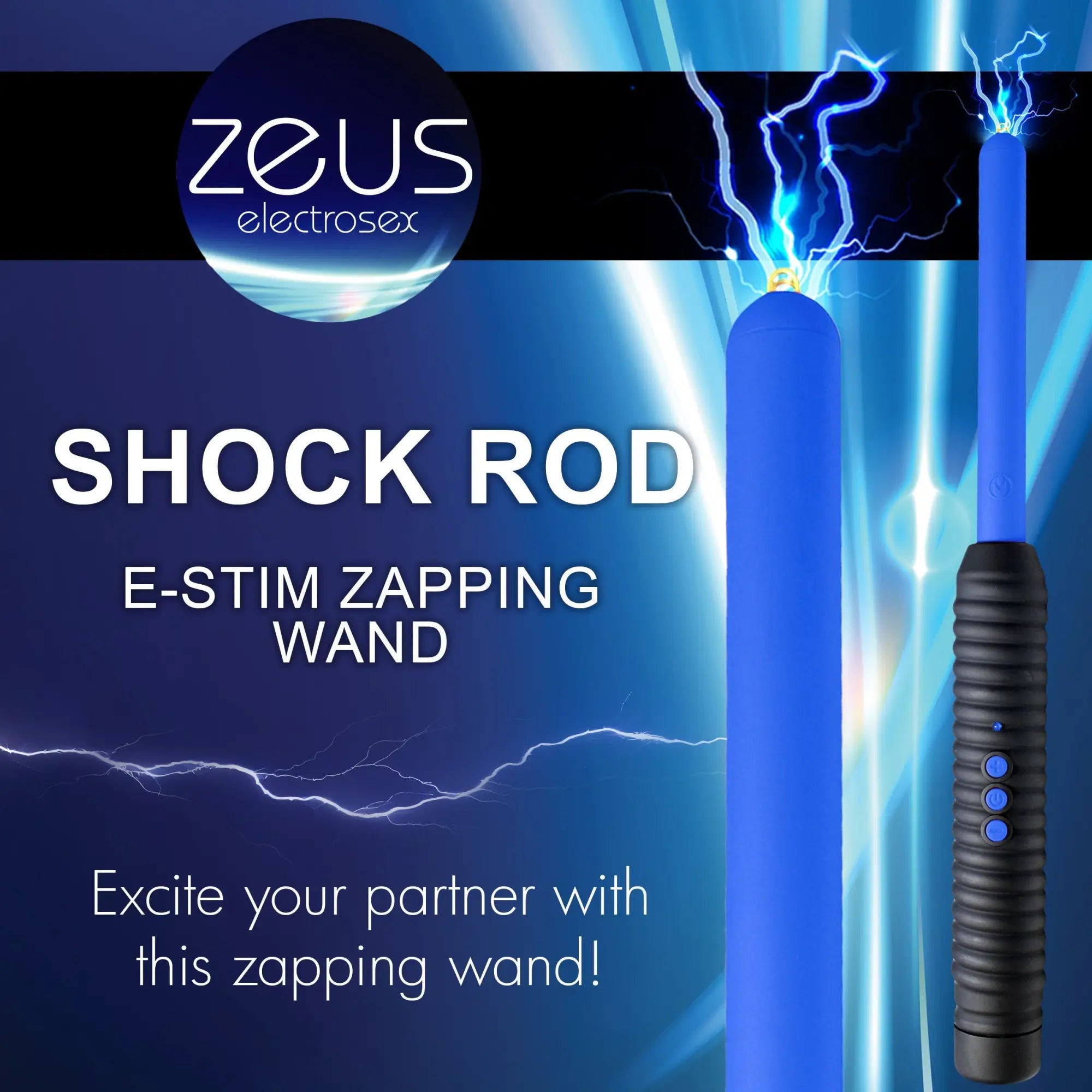 Master Series Shock Rod: blue e-stim zapping wand with black ribbed handle and lightning effects on a blue background.