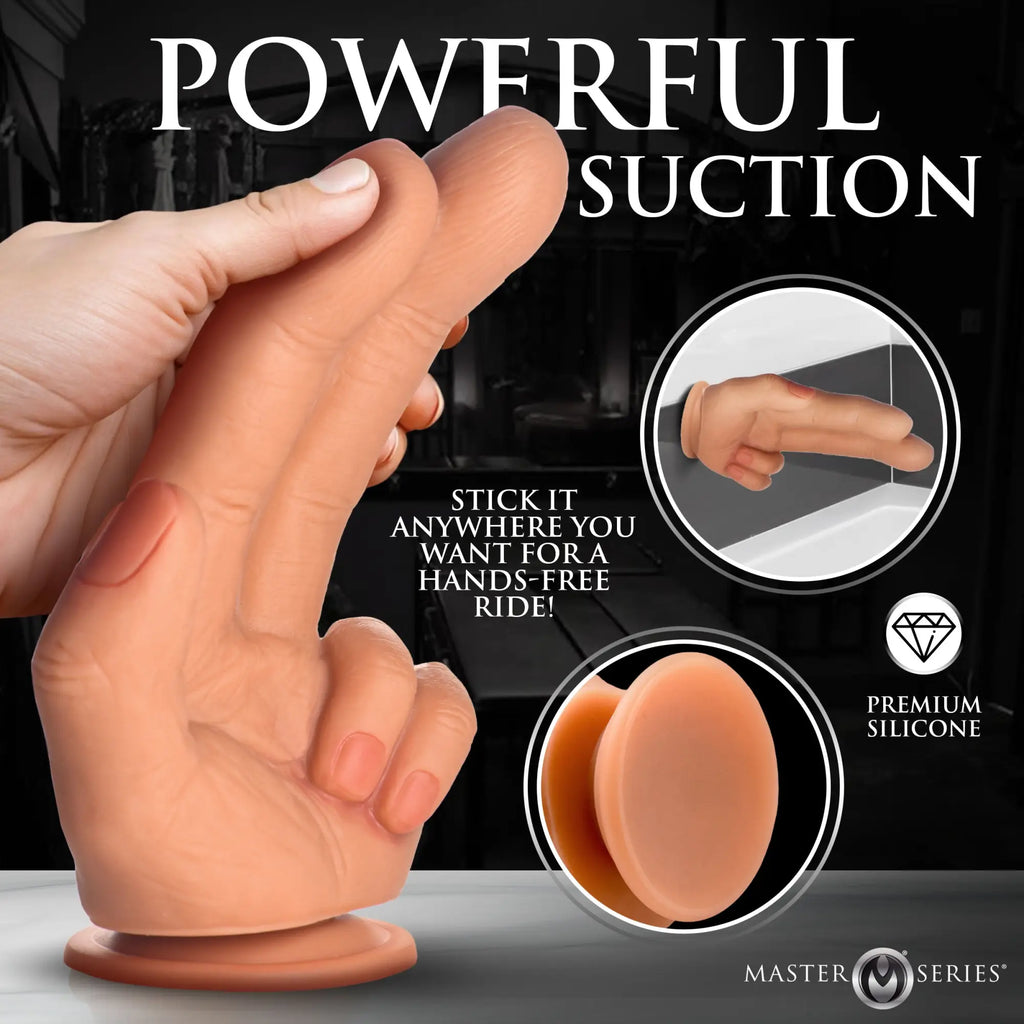 Master Series The Shocker is a flesh-toned, realistic hand-shaped silicone dildo with a suction cup base.
