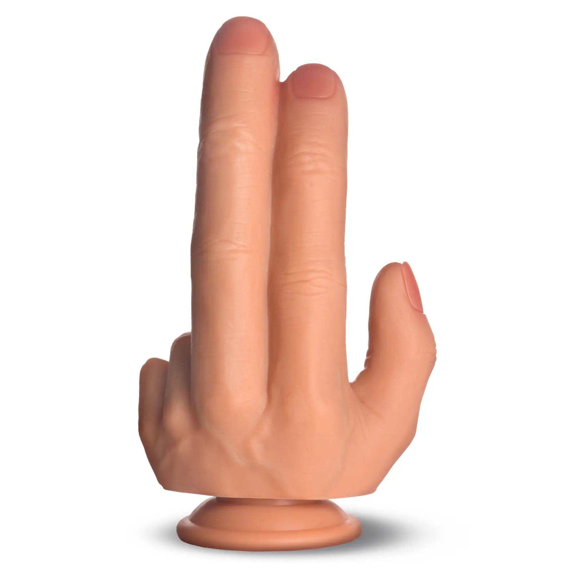Master Series The Shocker silicone dildo in flesh tone, modeled after a hand with two fingers extended on a base.