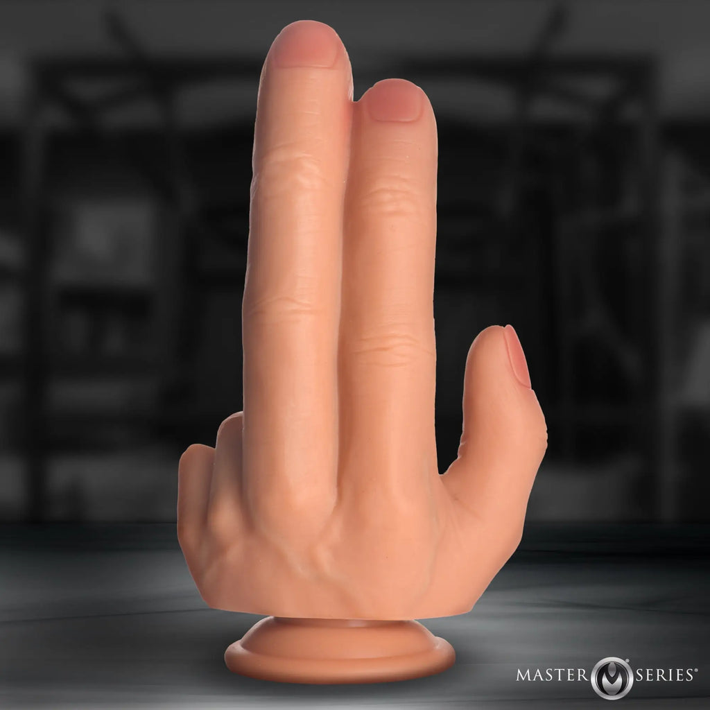 Master Series The Shocker: a realistic flesh-toned silicone dildo shaped like a hand in a "two in the pink" gesture.